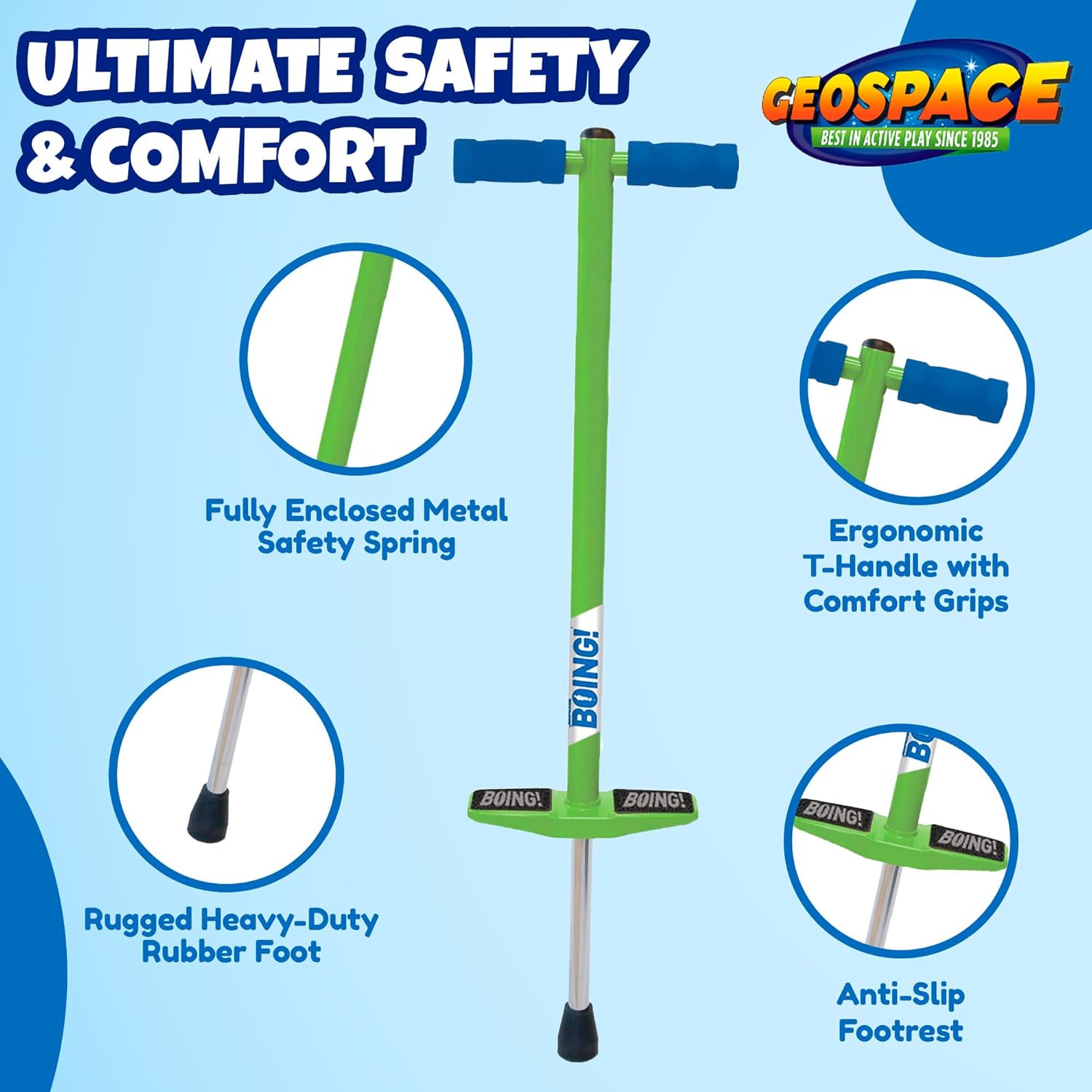 Geospace Jumparoo BOING! JR. Steel POGO STICK by Air Kicks, Small for Kids 50 to 90 Lbs - Active Play Outdoor Fun that Promotes Exercise & Balance Skills (Green)