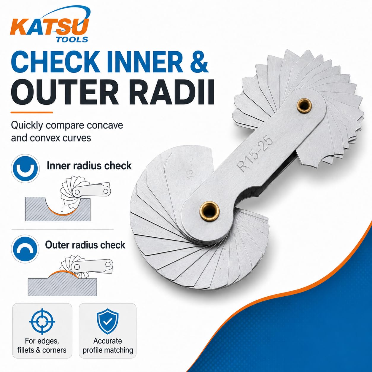 KATSU Radienlehre 6 Stück R0.3-1.5 / R1-6.5 / R7-14.5 / R15-25 / R25-50 / R52-100 Metall Radius Filetlehre Lehr Tragbares konkaves konvexes Messwerkzeug Ingenieure