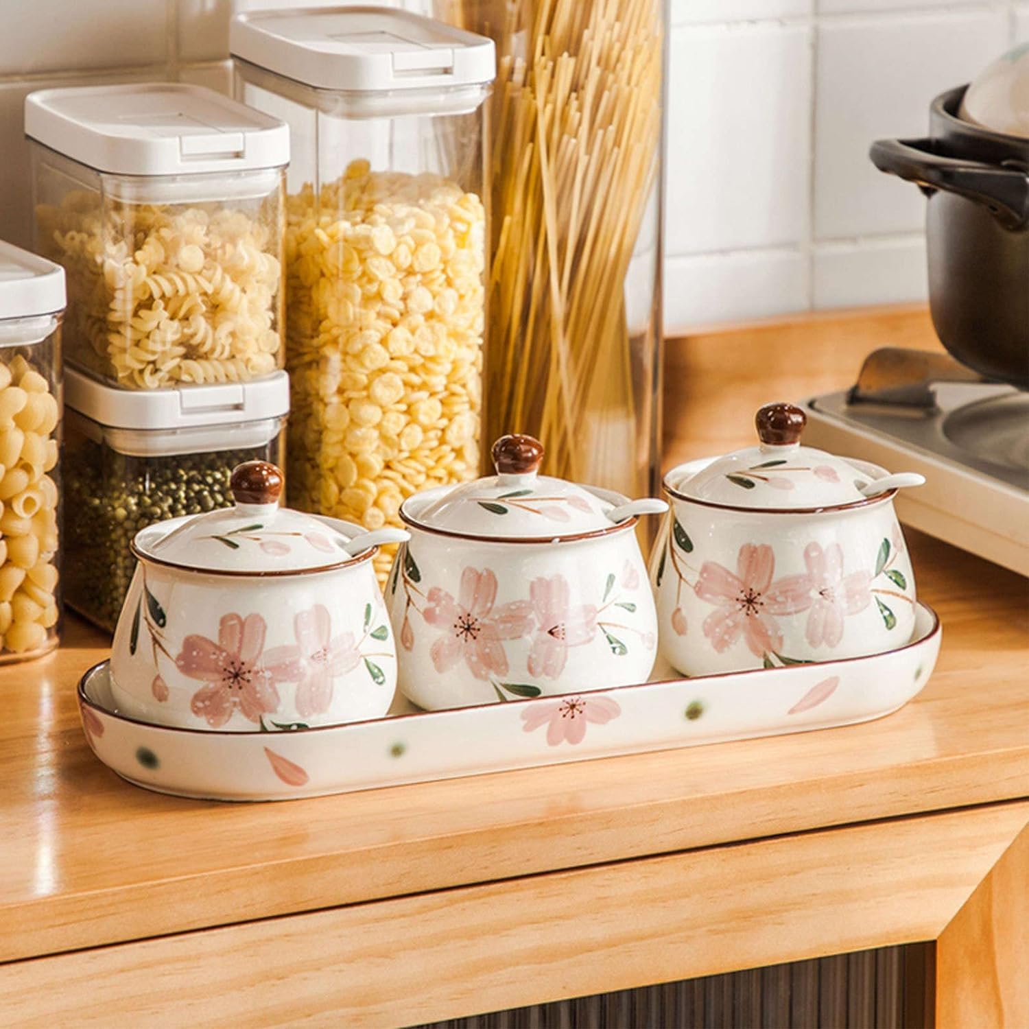 cukiernica, różowy wzór kwiatu wiśni cukiernica z pokrywką, cukiernica z łyżeczką, ceramiczne słoiczki na przyprawy, dekoracja kuchenna-kwiaty wiśni-350ml