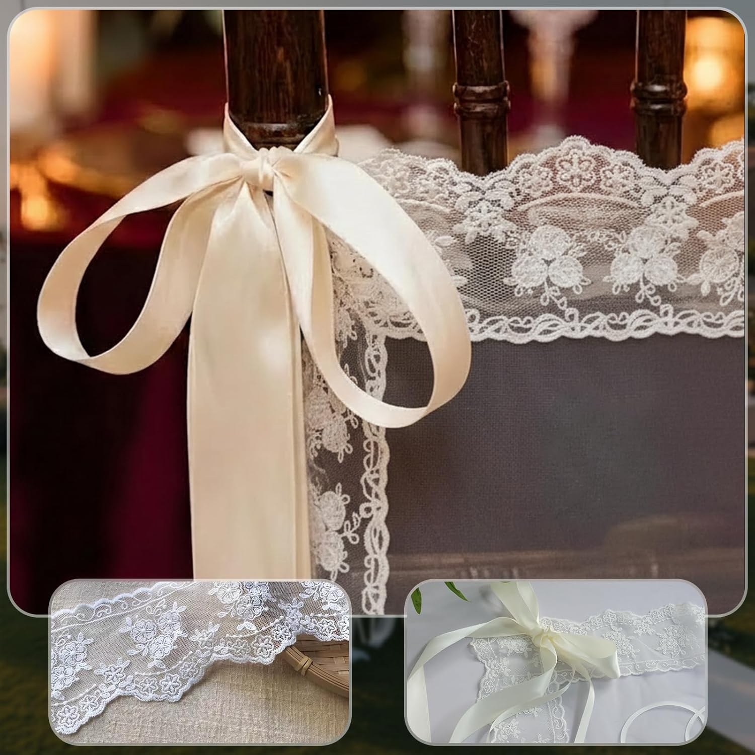 Just Married Chair Signs for Wedding Ceremony, Set of 2 Romantic Fabric Lace Wedding Chair Decorations with Ribbon, Bride and Groom Chair Banners for Reception Sweetheart Table Chairs Back Decor