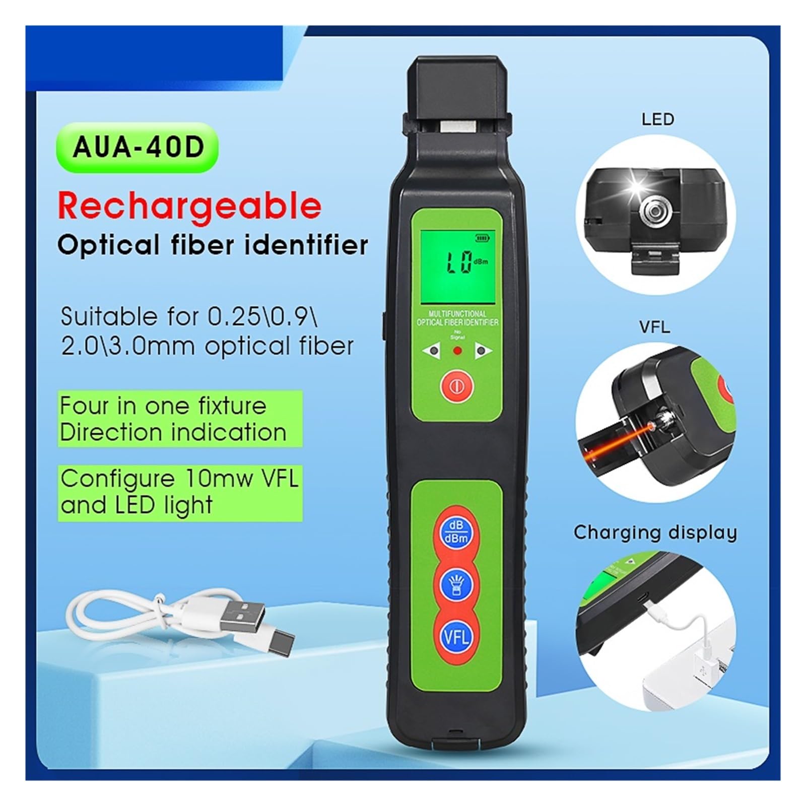 Testeur de Fibre Identificateur De Fiber Optique 40D/40A (éclairage LED Intégré Et VFL 10mw), Détecteur D'identification En Direct, Testeur(40D)