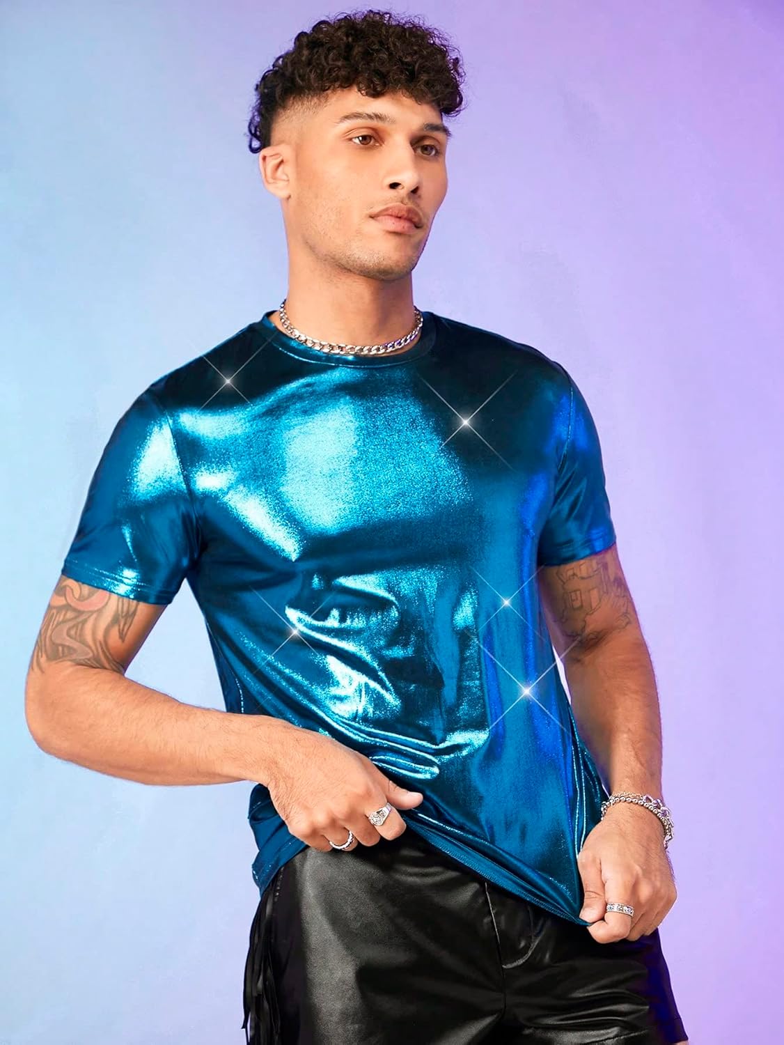 WDIRARA Men's Metallic Round Neck Short Sleeve Tee Party T Shirt Top - Image 3