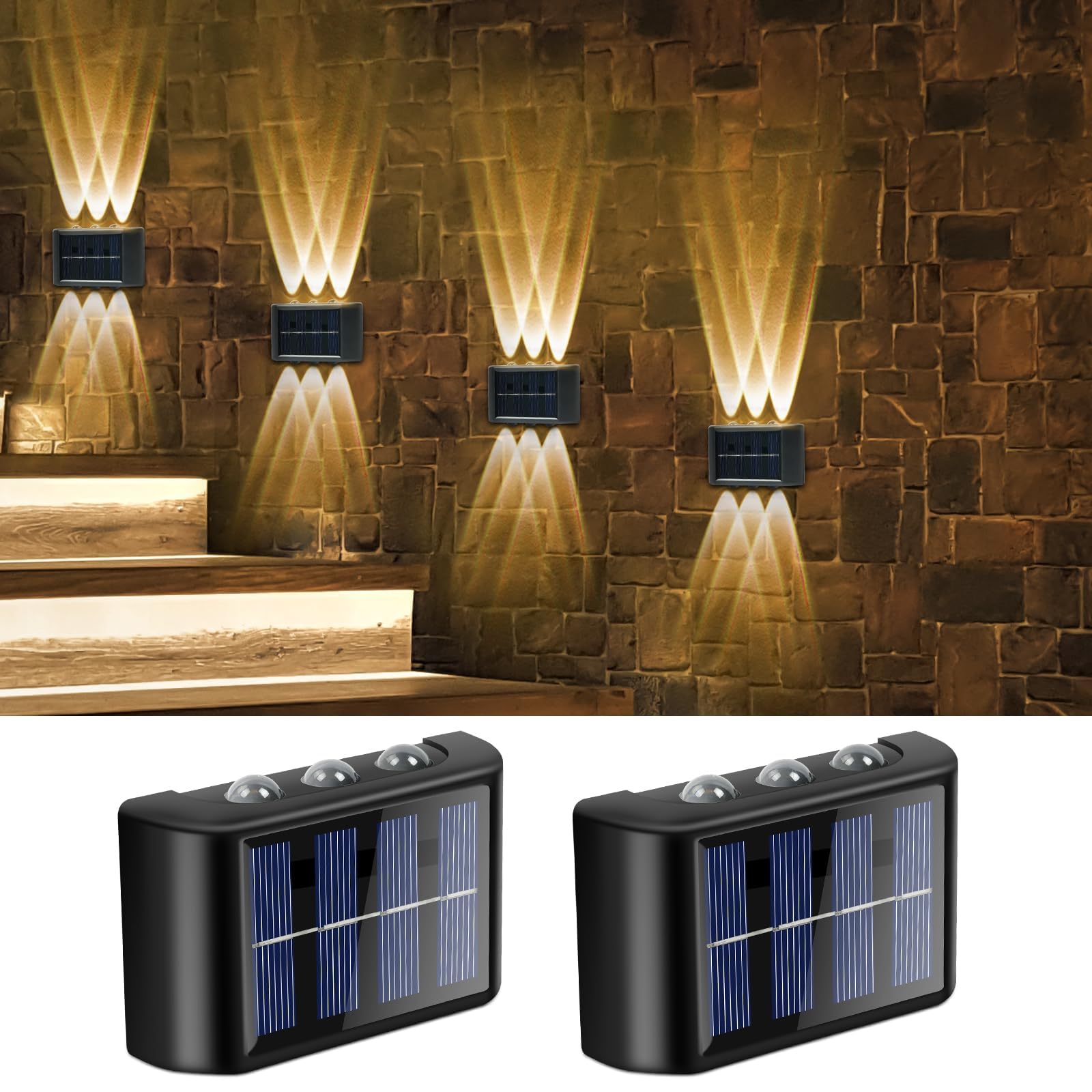 Flintronic 6 sztuk świateł solarnych na ścianę, regulowane lampy LED z 6 ciepłymi światłami, do góry i w dół, oświetlenie LED na zewnątrz, wodoszczelne IP65