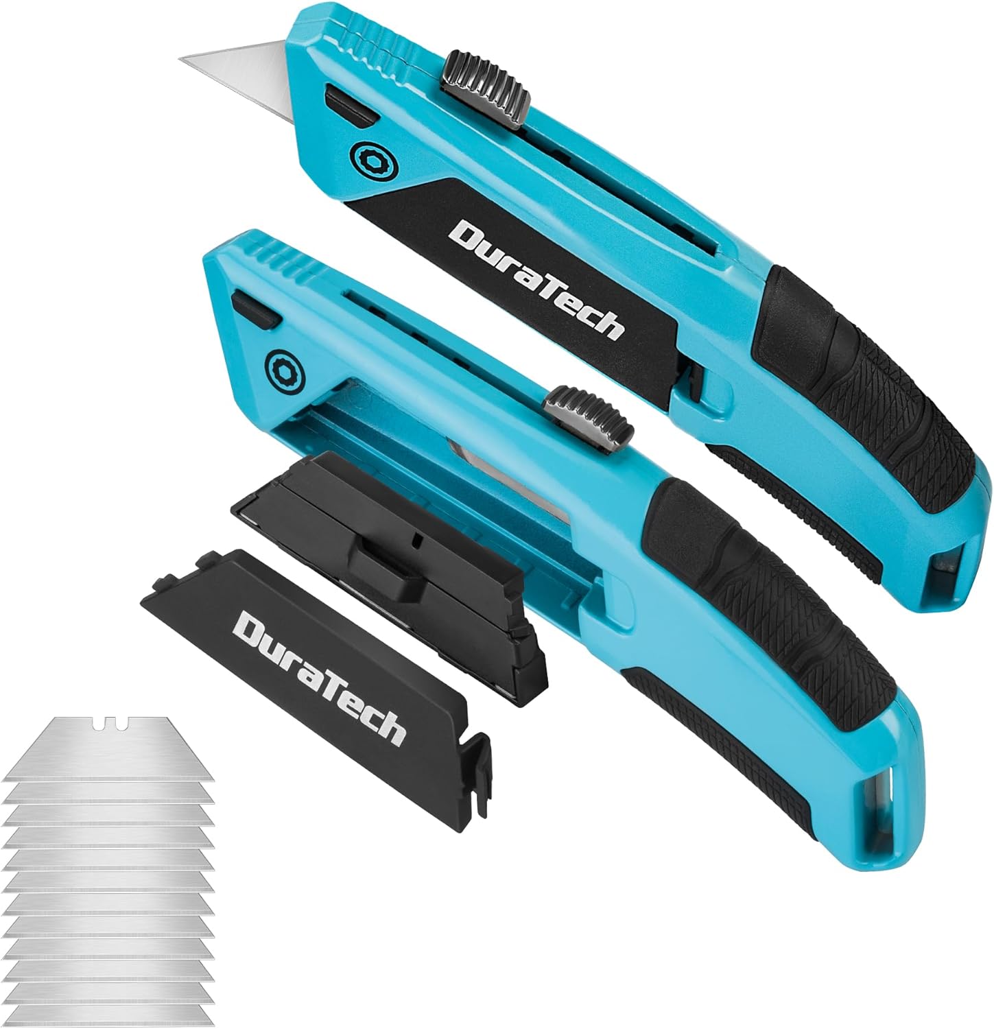 DURATECH 2PCS Auto-Loading Utility Knife Set, Heavy Duty Retractable Box Cutter with 6 Preloaded SK5 Blades, Quick-Change Razor Knife with Comfortable Handle for Cardboard, Carpet, Rope, DIY