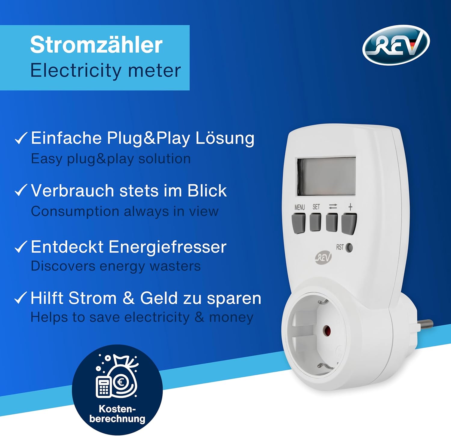 REV 002580 Energy Meter with key features listed in German and English.