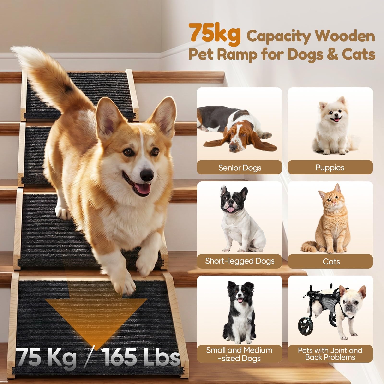 4 scale per cani di piccola taglia, in legno | Scaletta antiscivolo per cani con tappeto, rampa per cani di piccola taglia, angolo basso, per letto e divano
