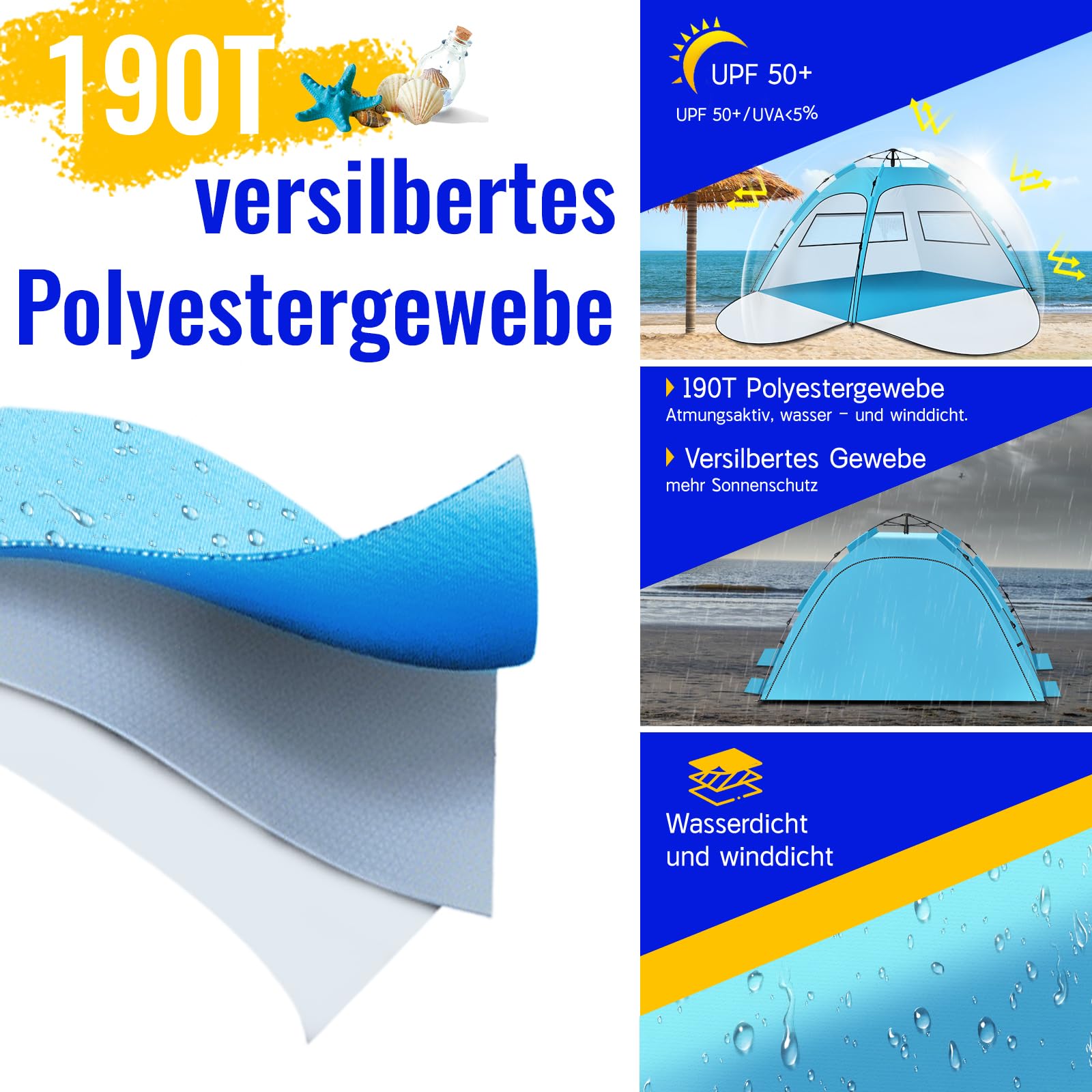 Purebox Strandmuschel, Strandzelt für 2-4 Personen, tragbares automatisches Strandzelt, UV50+ Schutz mit Doppeltüren, Strandmuscheln Geeignet für Familien-Strandcamping, Gartengrill, Wanderzelt