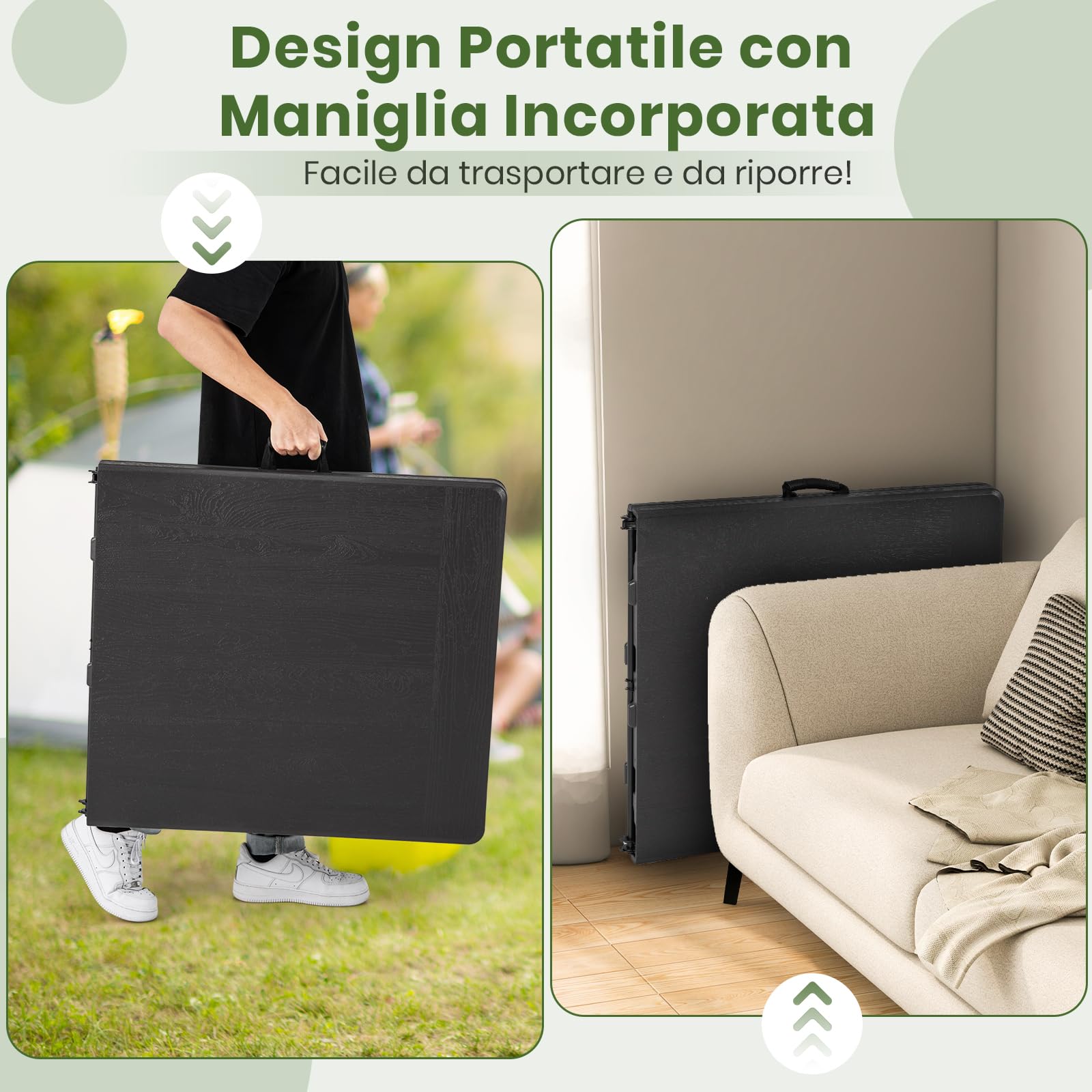 RELAX4LIFE Tavolo da Campeggio Pieghevole, Tavolino Portatile con Effetto Legno in HDPE e Struttura in Metallo, Tavolo da Picnic per Esterni, Escursioni e Barbecue, 152 x 70 x 74 cm, Nero