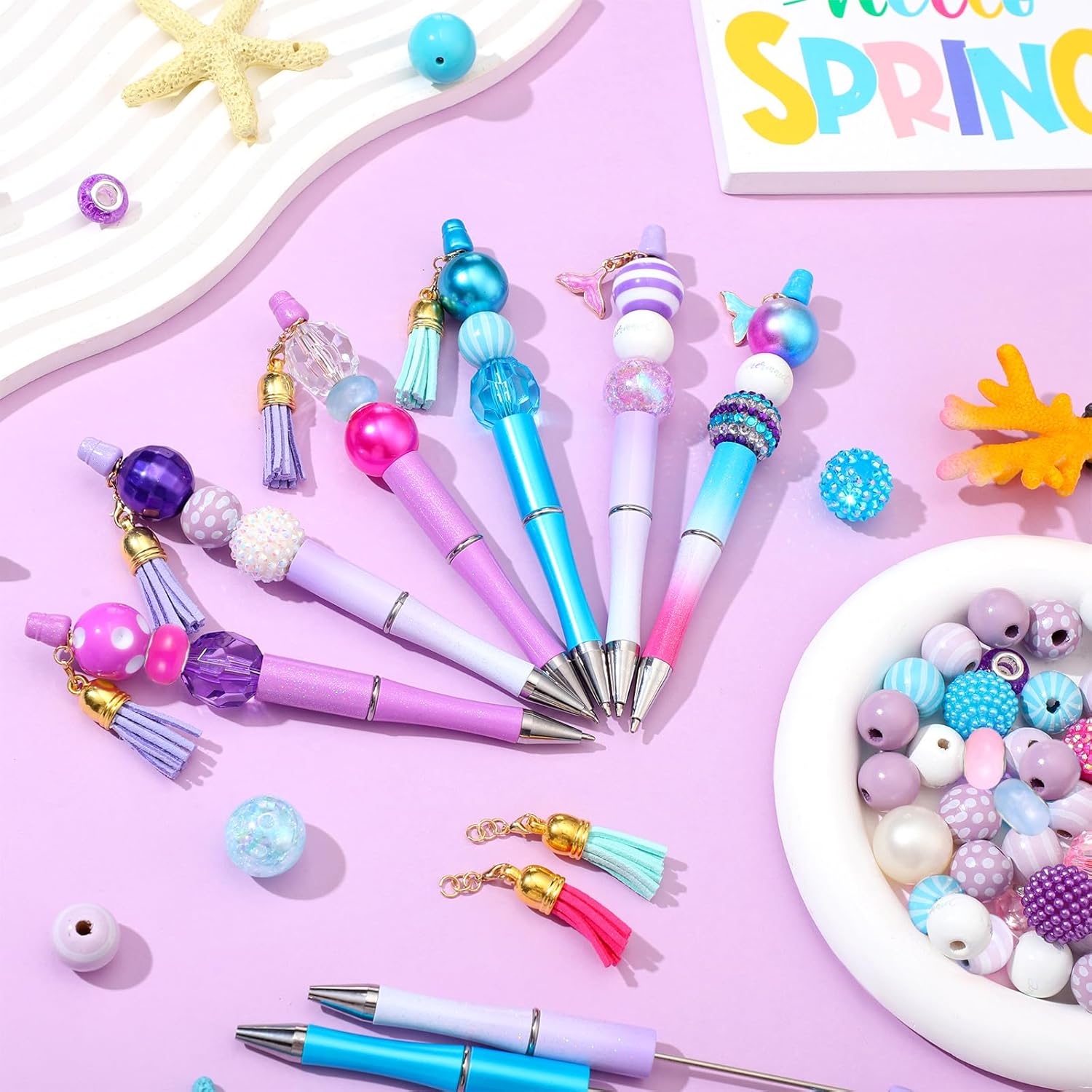 Yeaqee 24 Sets Mermaid Beadable Pens Plastic Bead Pens Assorted Beaded Pen Making Kit Multicolor Bubblegum Beads Crystal Spacer Beads Black Ink DIY Ballpoint Set for Women Students