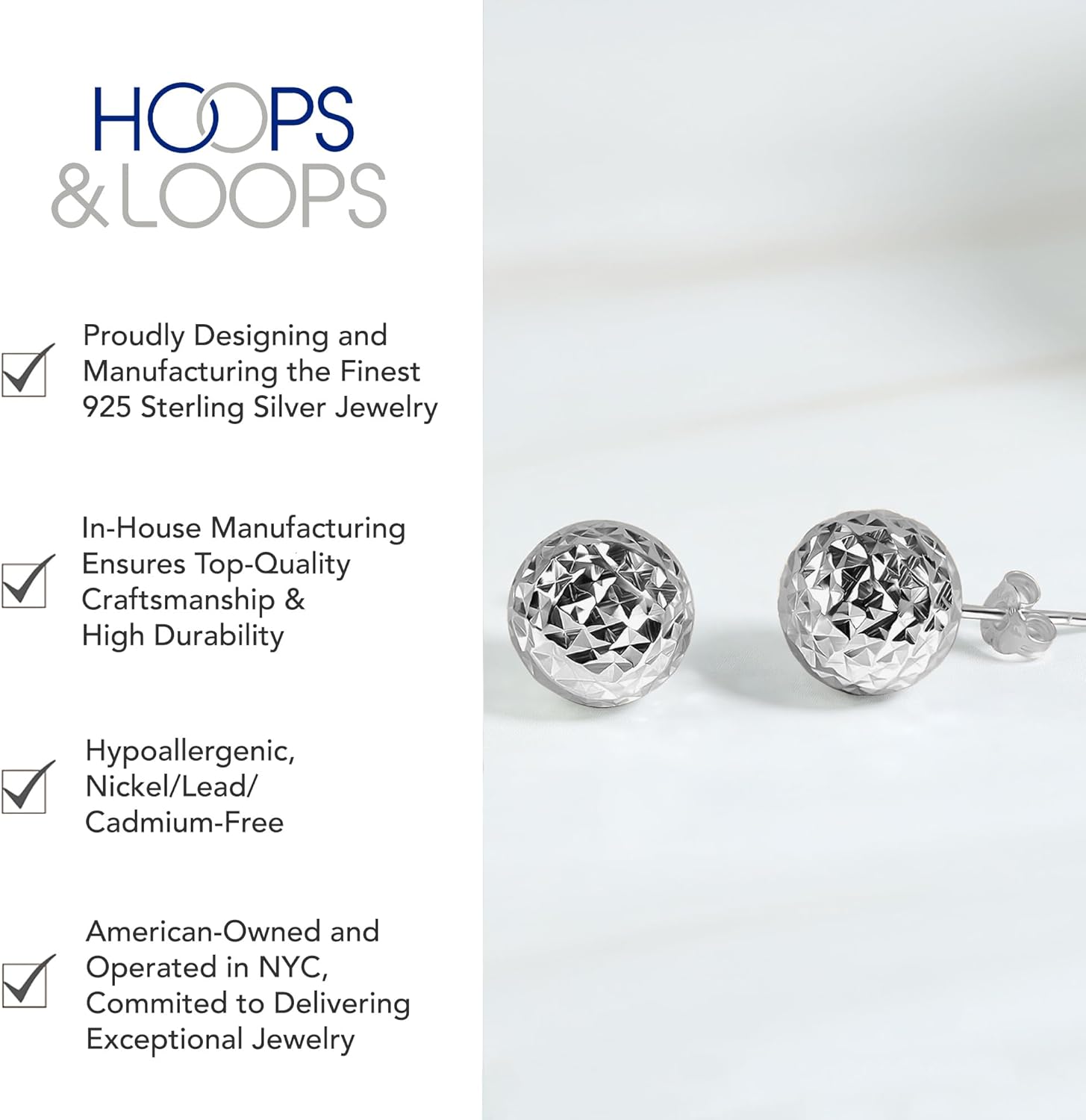 Hoops & Loops 925 Sterling Silver Diamond-Cut Ball Bead Stud Earrings for Women Men Teen Girls, 8mm or 10mm | Silver, Rose Gold & Yellow Gold