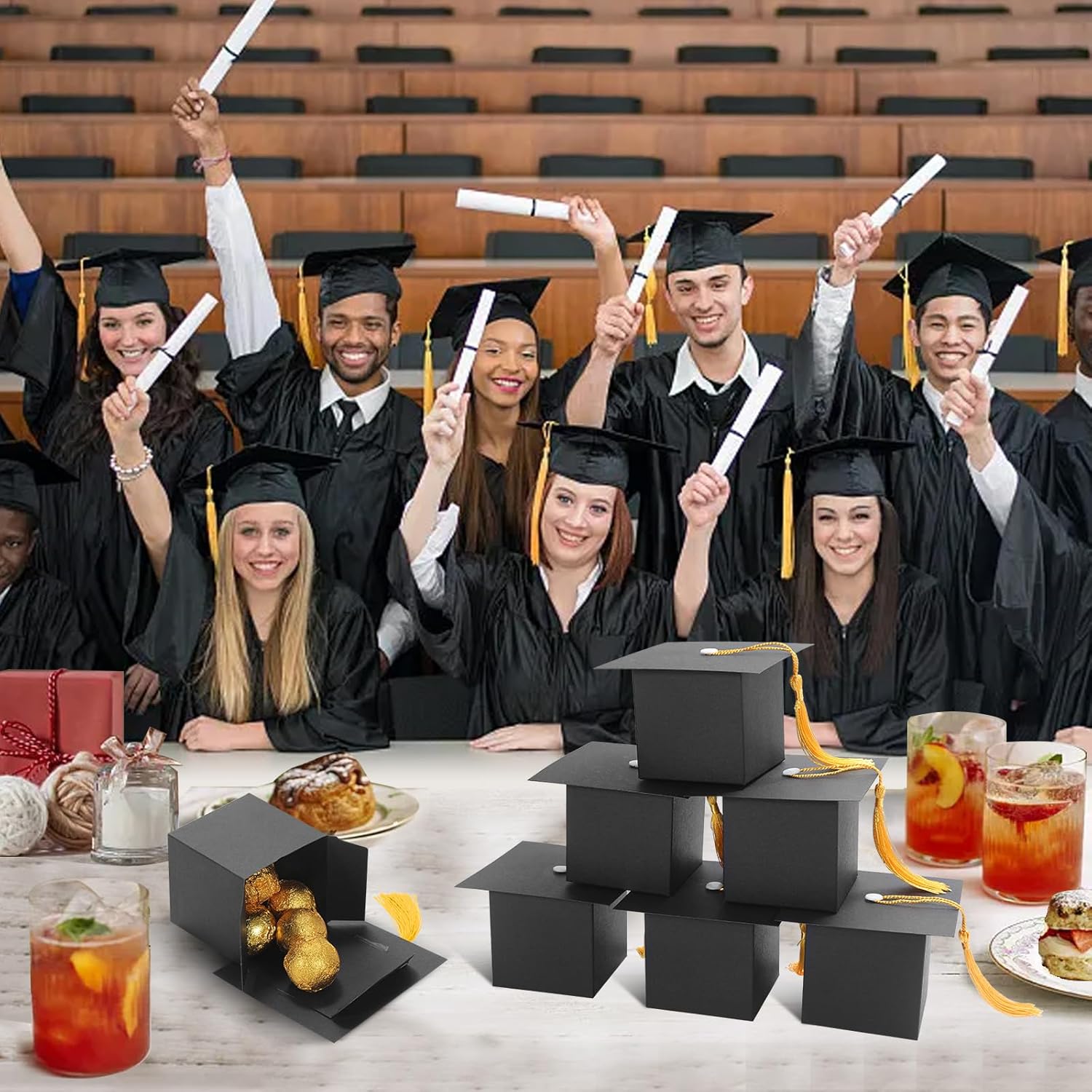 COTOPHER 100 Pcs Graduation Candy Boxes, Class of 2026 Graduation Cap Gift Boxes with Gold Tassel, DIY Graduate Decoration Box for Ceremony Party Small Treat Chocolate Box