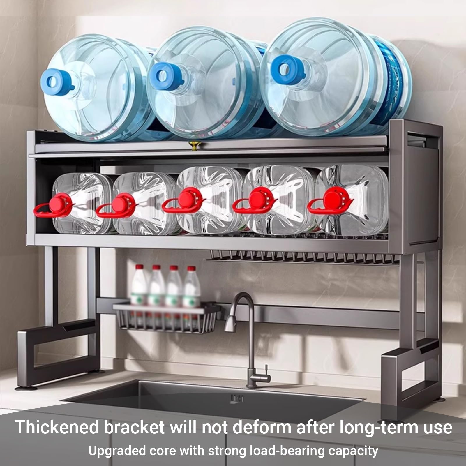 Escurridor de platos sobre el fregadero, organizador de almacenamiento de 3 niveles con puerta abatible transparente para platos, vasos, cuencos, cubiertos, estante grande para fregadero de cocina