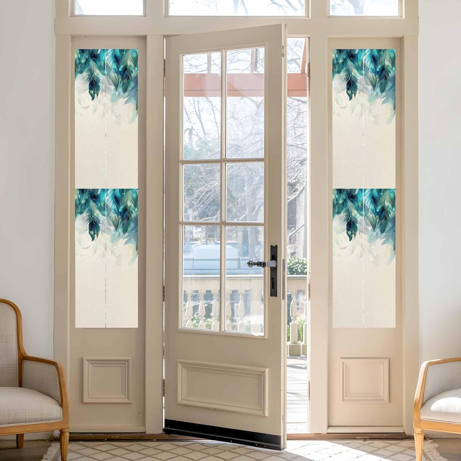 Ombre Window Privacy Film Green Feather Gradient Decorative Glass Window Film UV Blocking Static Cling Non-Adhesive Sticker Covering for Home Door 29.5 x 118 inches
