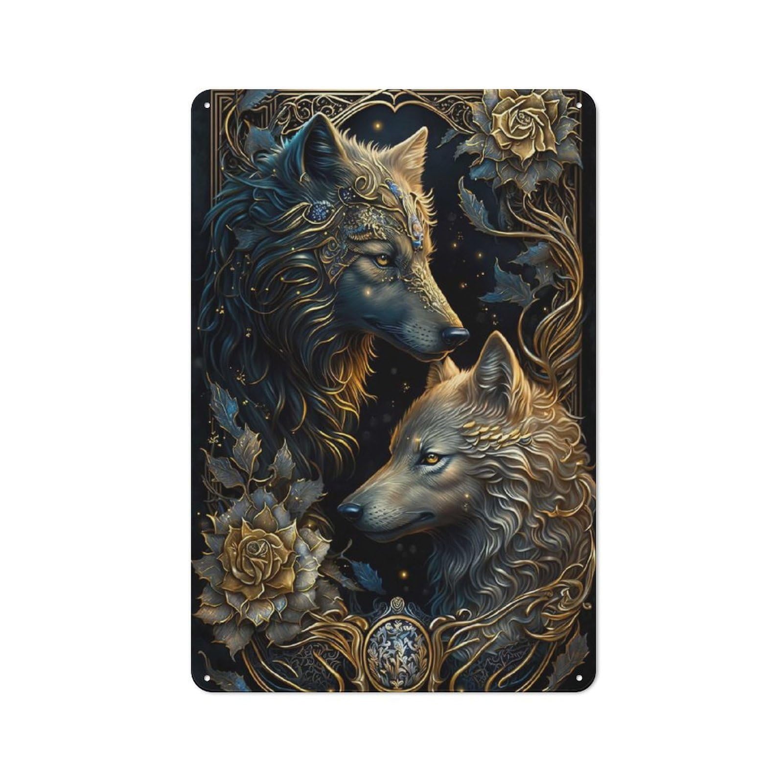 Junmoney Style-15 Wolfs Golden Card Rustic Metal Plaque 30X20cm For Café Or Restaurant, Wall Decor For People Reorganising Café And Restaurant