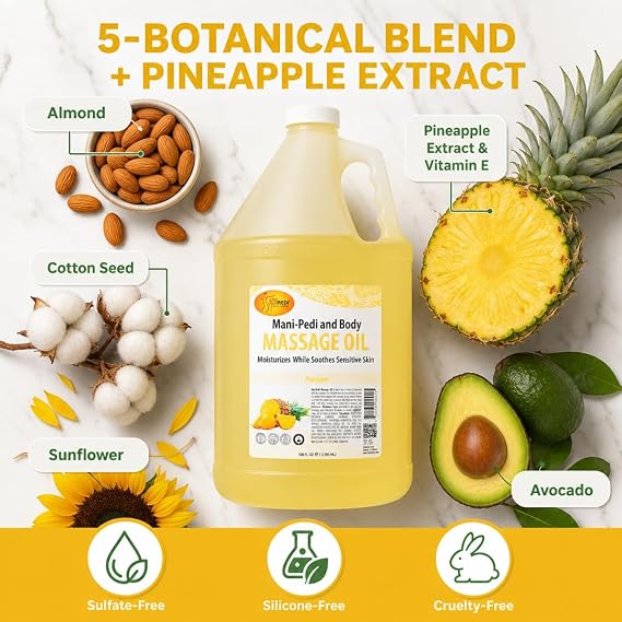 SPA REDI Pineapple Massage Oil 5-Botanical Blend with Almond, Avocado & Vitamin E | Professional Spa & At-Home Full Body Use | Cruelty-Free, Sulfate-Free, Silicone-Free, Zero-Residue | 128 oz
