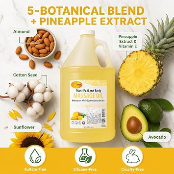 SPA REDI Pineapple Massage Oil 5-Botanical Blend with Almond, Avocado & Vitamin E | Professional Spa & At-Home Full Body Use | Cruelty-Free, Sulfate-Free, Silicone-Free, Zero-Residue | 128 oz