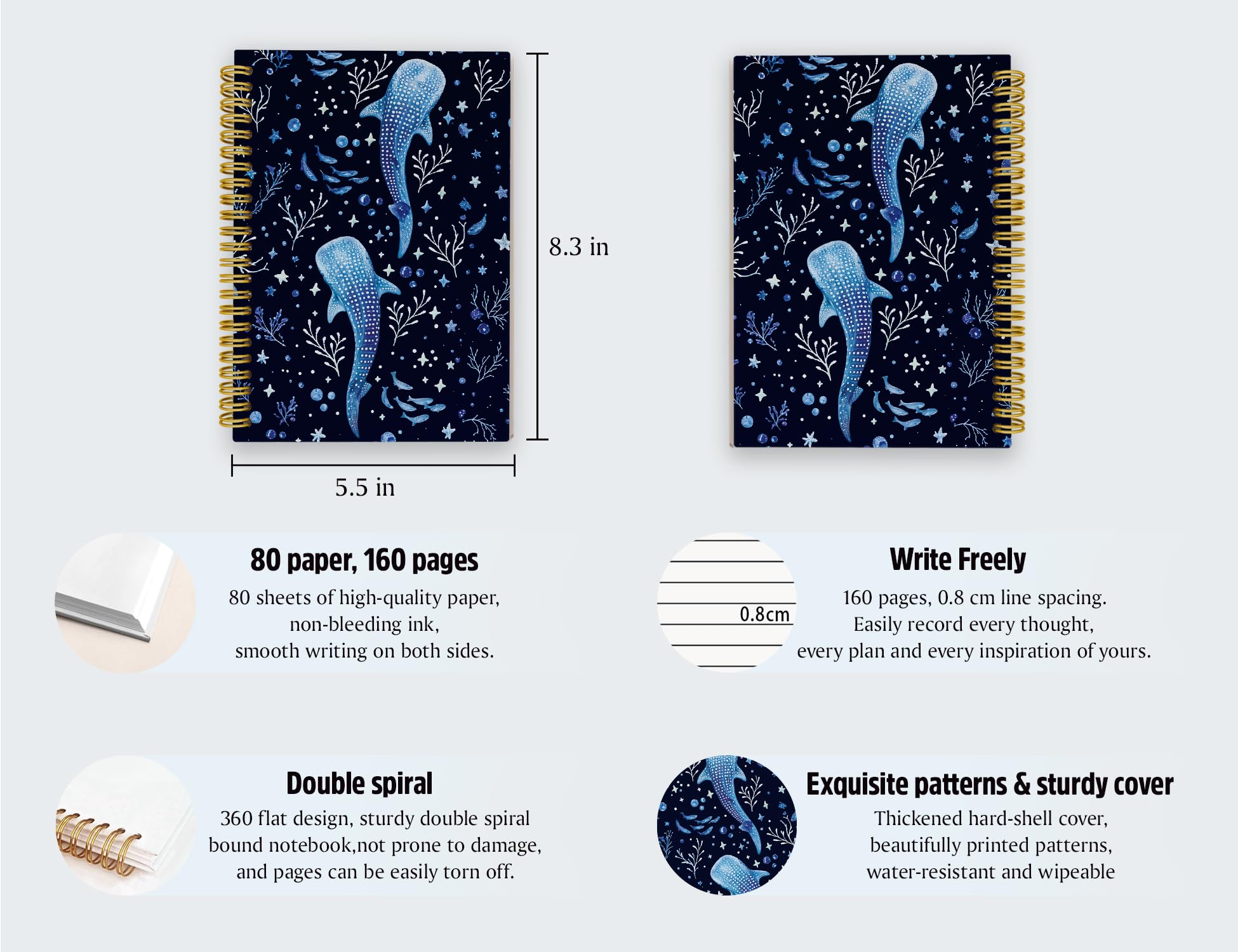 Taccuino con squalo balena, diario da donna, diario di biologia marina, quaderno blu scuro con animali dell'oceano, regali per gli amanti dell'oceano, quaderno a spirale con copertina rigida