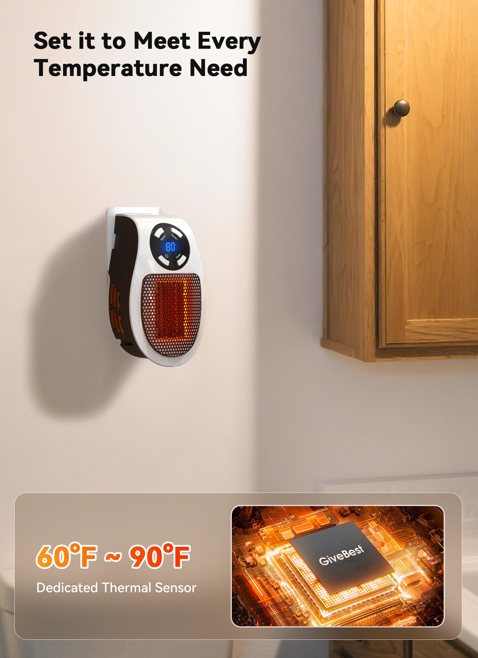 GiveBest Programmable Space Heater with LED Display, Remote Wall Outlet Electric Heater with Thermostat and Timer for Home Office Bathroom Indoor Use, Small Plug in 450 Watt Heater, ETL Listed — view 4