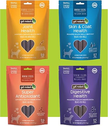 Get Naked Dental Sticks Grain-Free Chicken Flavor Dog Treats Variety Pack, Digestive Health + Skin & Coat + Joint Health + Super Antioxidant, Total 4 Bags, 24.8-oz, 64 Sticks