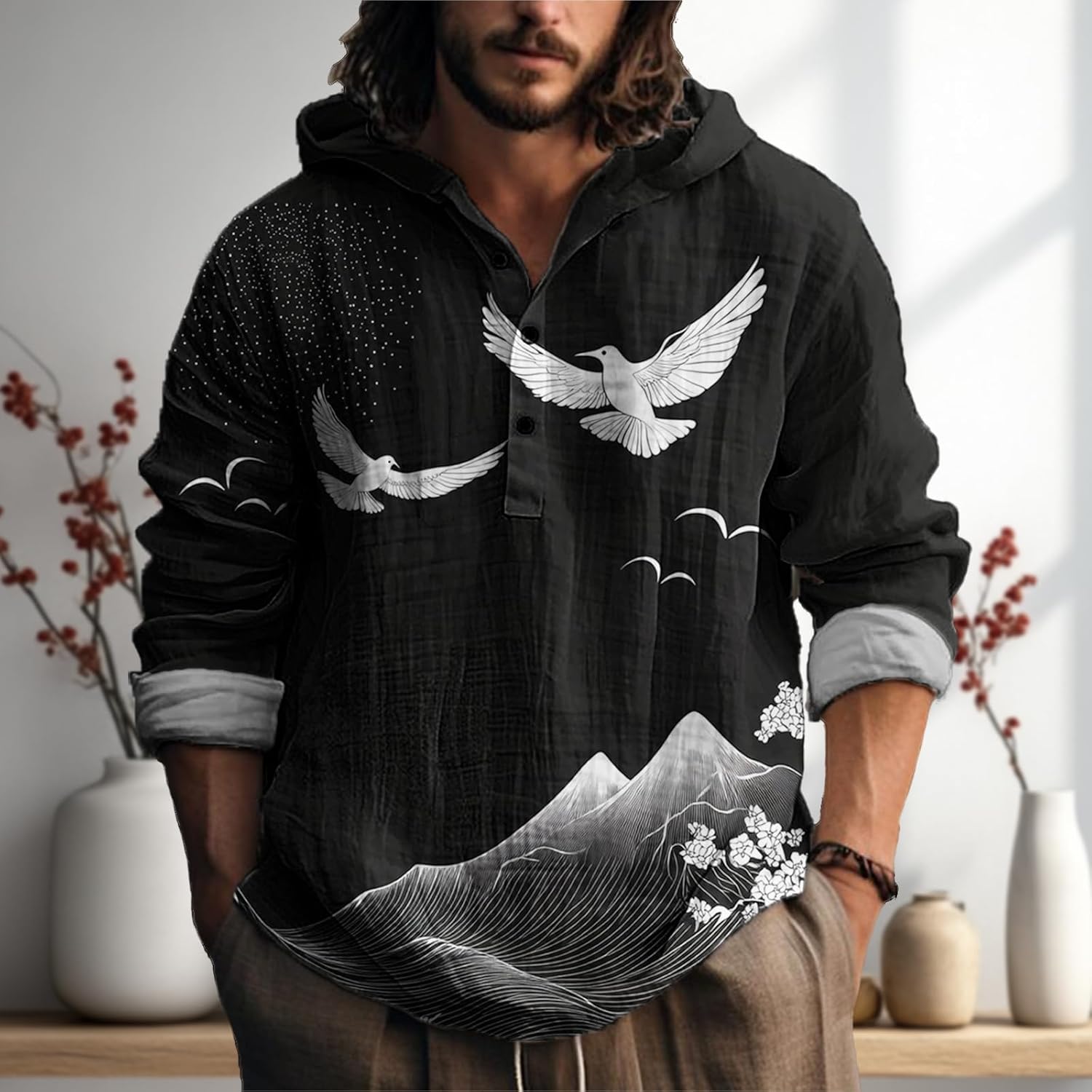 MARSVOVO Mens Japanese Art Long Sleeve Hooded Shirts Lightweight Quarter Button Hoodie Casual Cool Tops for Spring Fall - Image 2