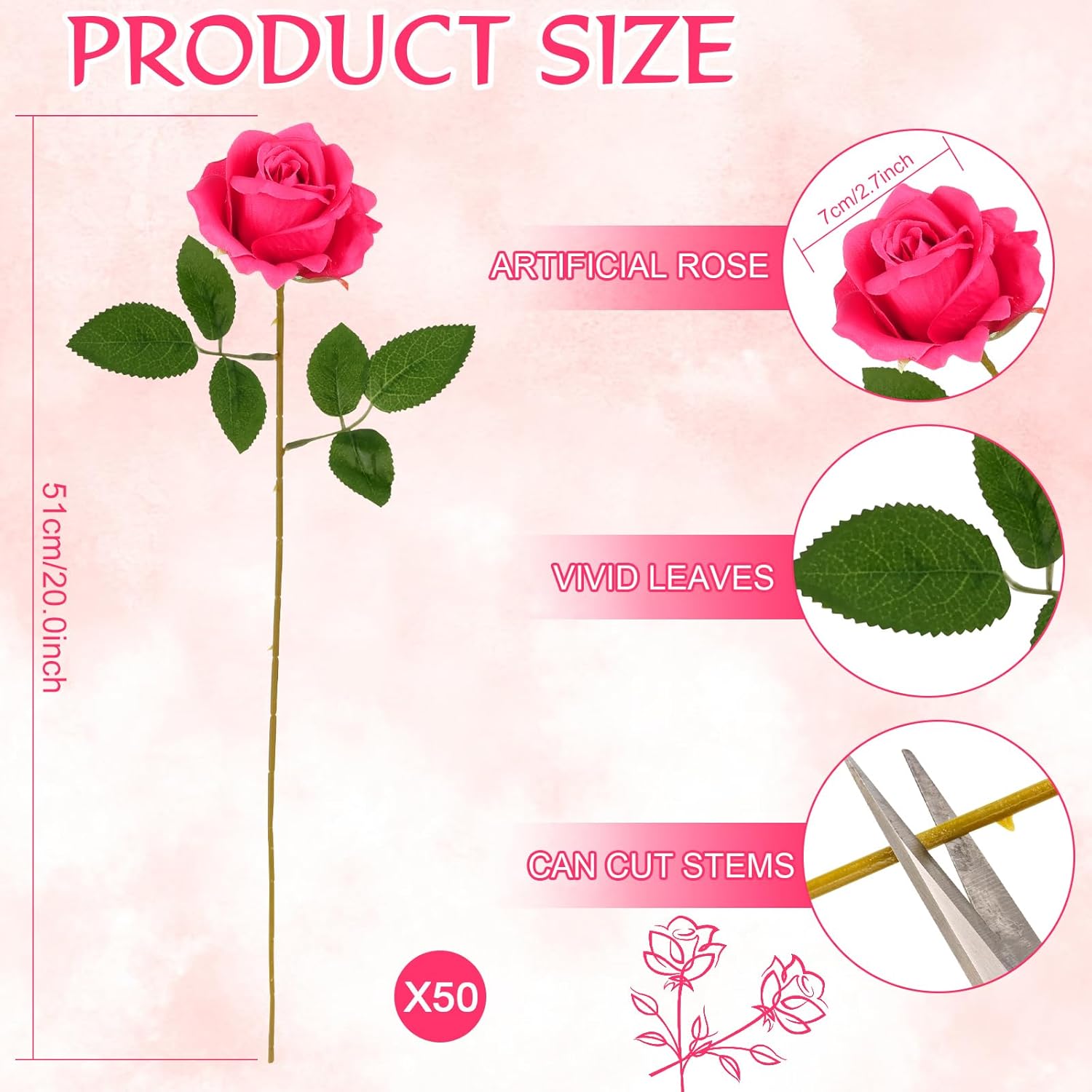 50 Pcs Artificial Rose Bluk Fake Flowers with Long Stem Realistic Silk Roses Bouquet Coffee Table Decor Flower Arrangement for Wedding Centerpieces Home Office Farmhouse Holiday Decorations