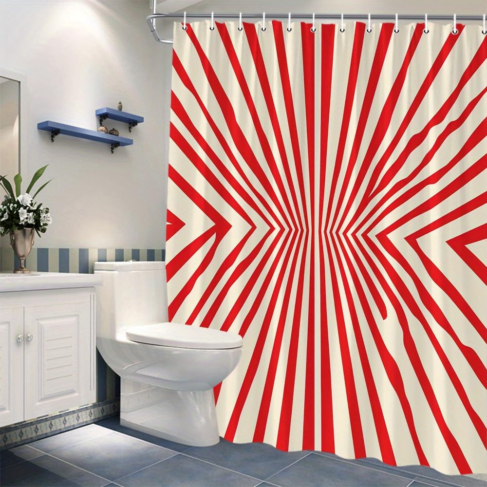 Zasłona prysznicowa w czerwono-białe paski promieniowe i ukośne z haczykami w zestawie, wzór z iluzją optyczną, do łazienki (240 x 200 cm // szerokość x wysokość)
