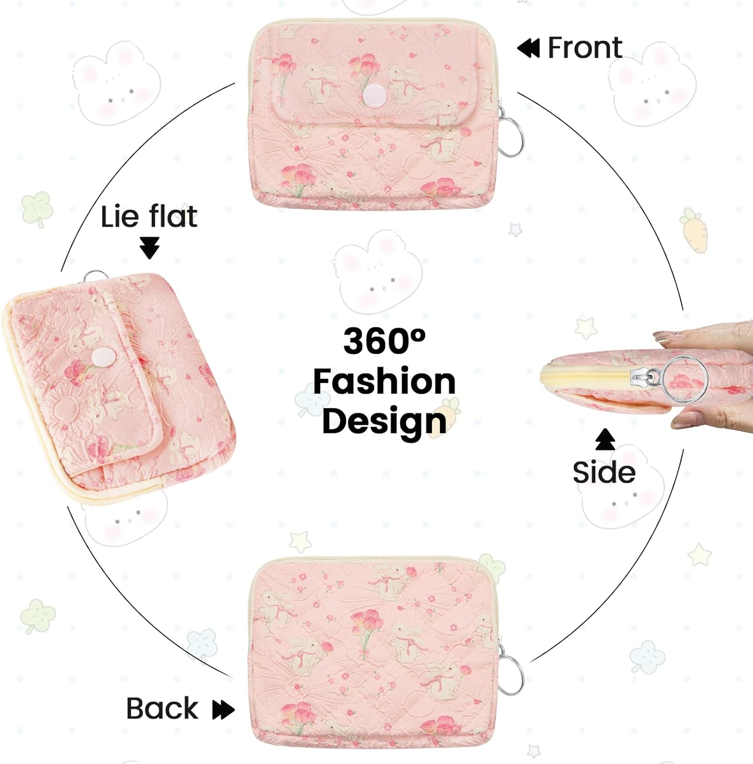 LJCZKA Cotton Quilted Coin Purse for Women, Small Cute Storage Bag with Zipper, Kawaii Mini Coin Pouch with Keyring for Kids - Image 5