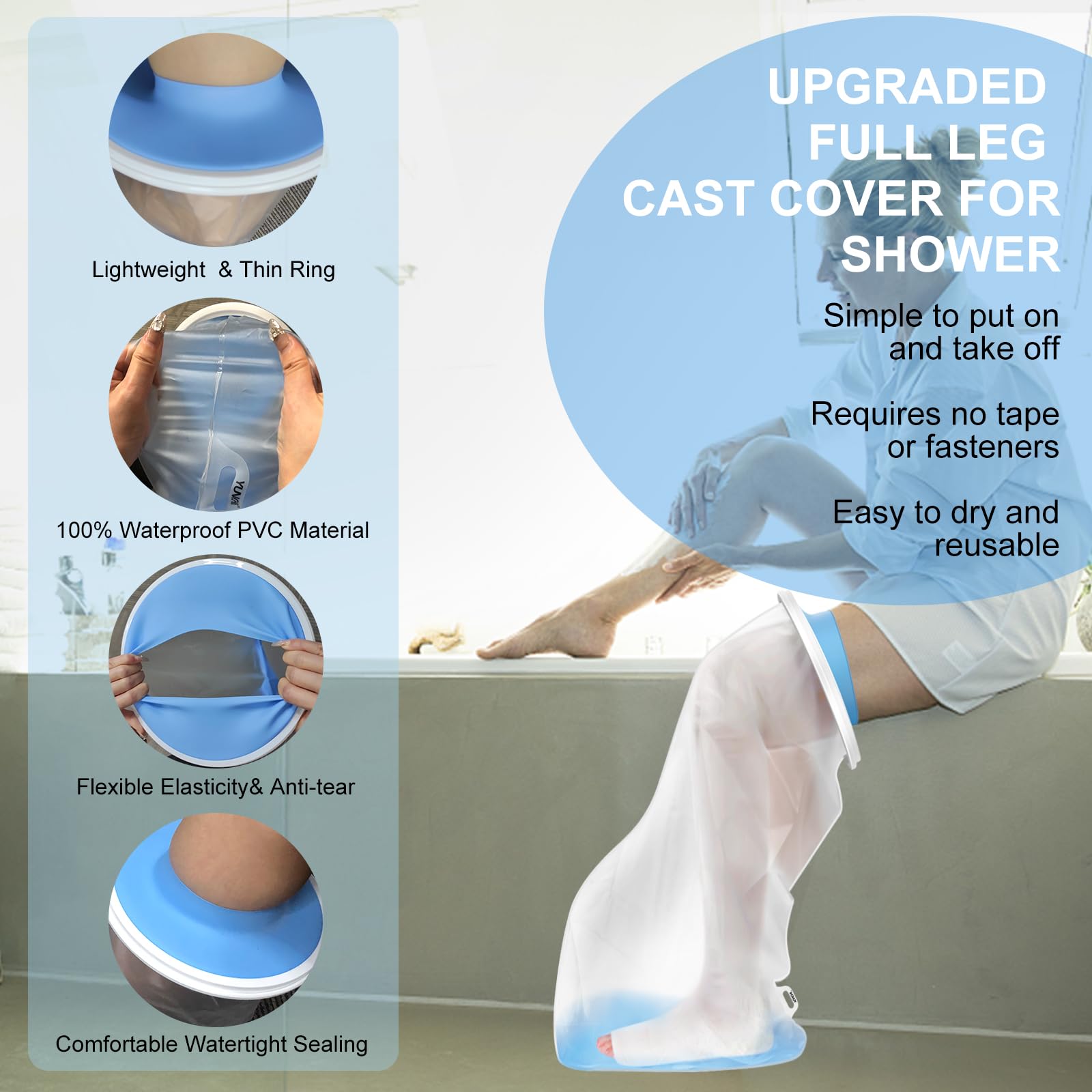 YUNCHI Duschschutz Bein Lang Erwachsene Anti Slip XL Gipsschutz Wasserdicht Wiederverwendbar Verbandschutz Für Orthese Blocks Fixateur Oberschenkel Knie Gips Gipsbinden (Langer Beinprotektor XL)