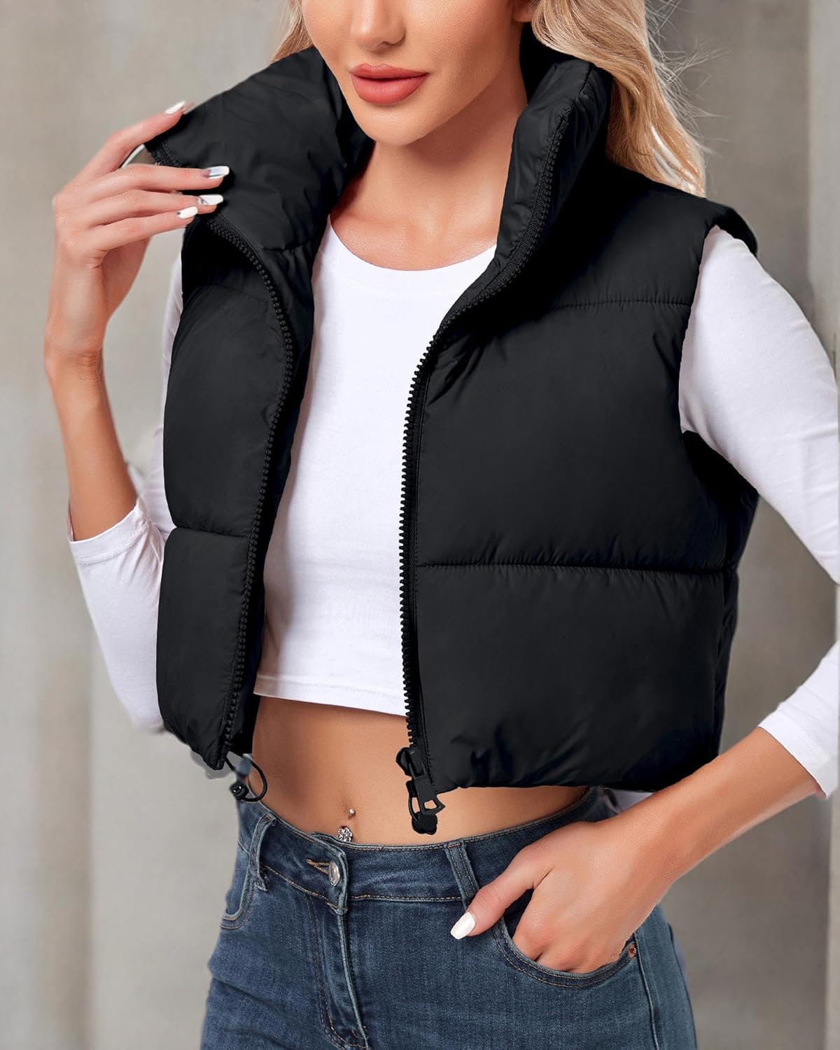 Polu Women's Cropped Puffer Vest Jacket Sleeveless Winter High Stand Collar Lightweight Vest for Women with Zip Gilet - Image 6