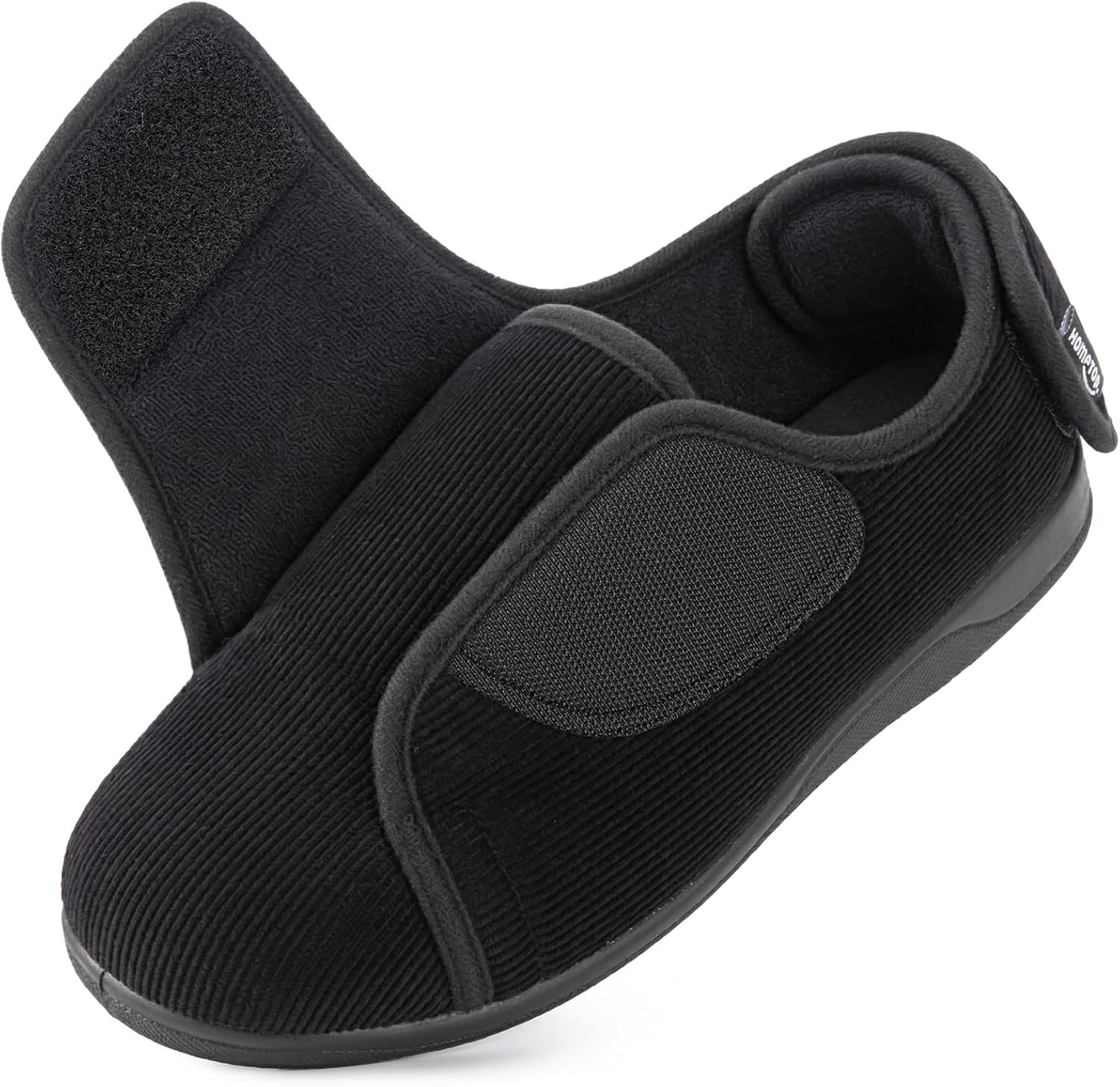 HomeTop Men's Wide Fit Corduroy Slippers, Adjustable Hook & Loop with Memory Foam for Indoor Comfort