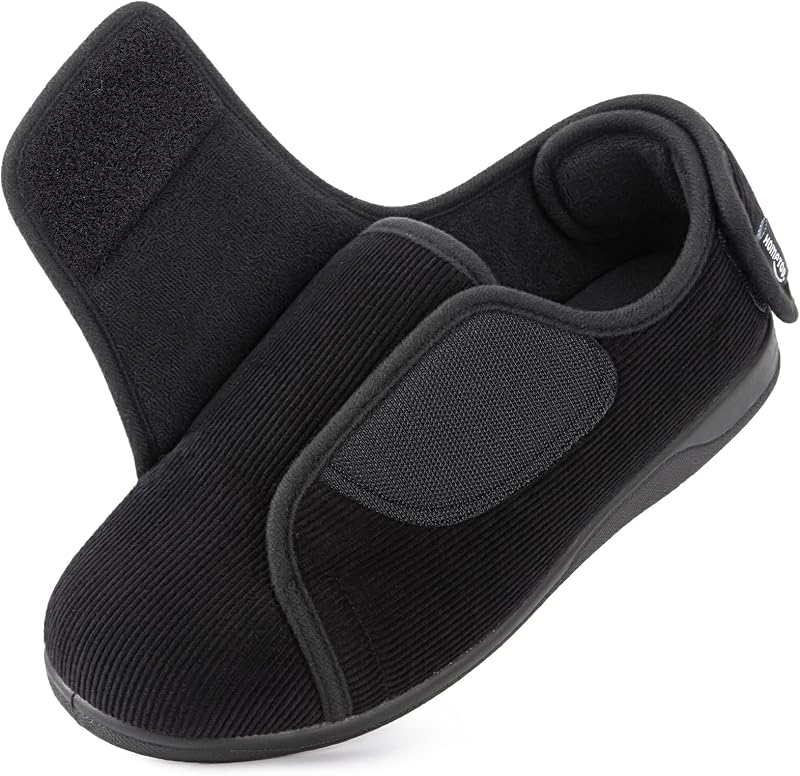 Men's Corduroy Slippers Adjustable Hook and Loop Wide House Shoes