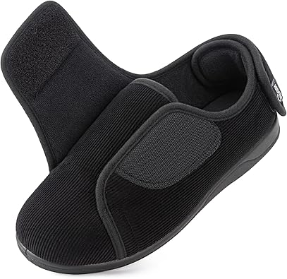 HomeTop Mens Corduroy Slippers Comfy Adjustable Hook and Loop Memory Foam Wide Indoor House Shoes