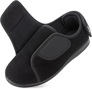 Men's Corduroy Slippers Adjustable Hook and Loop Wide House Shoes