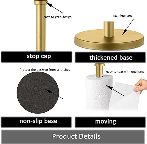 Vista 3 de Stainless Steel Gold Paper Towel Holder Countertop for Kitchen Bathroom, Standing Paper Towel Holder with Weighted Base. Gold-aa
