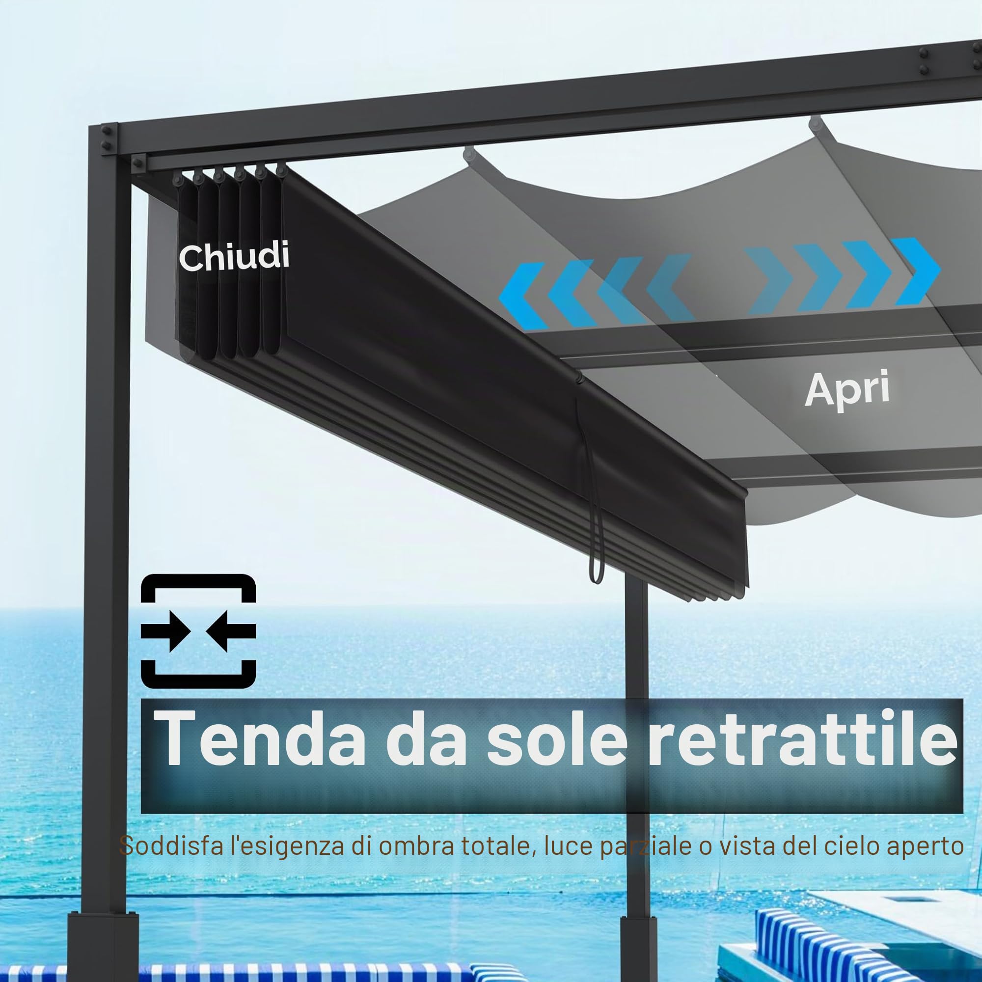 LZQ Pergola Gazebo 3x3 m con telaio acciaio robusto e tetto poliestere rivestito PA regolabile, protezione solare anti-intemperie per giardino e terrazza (nero)