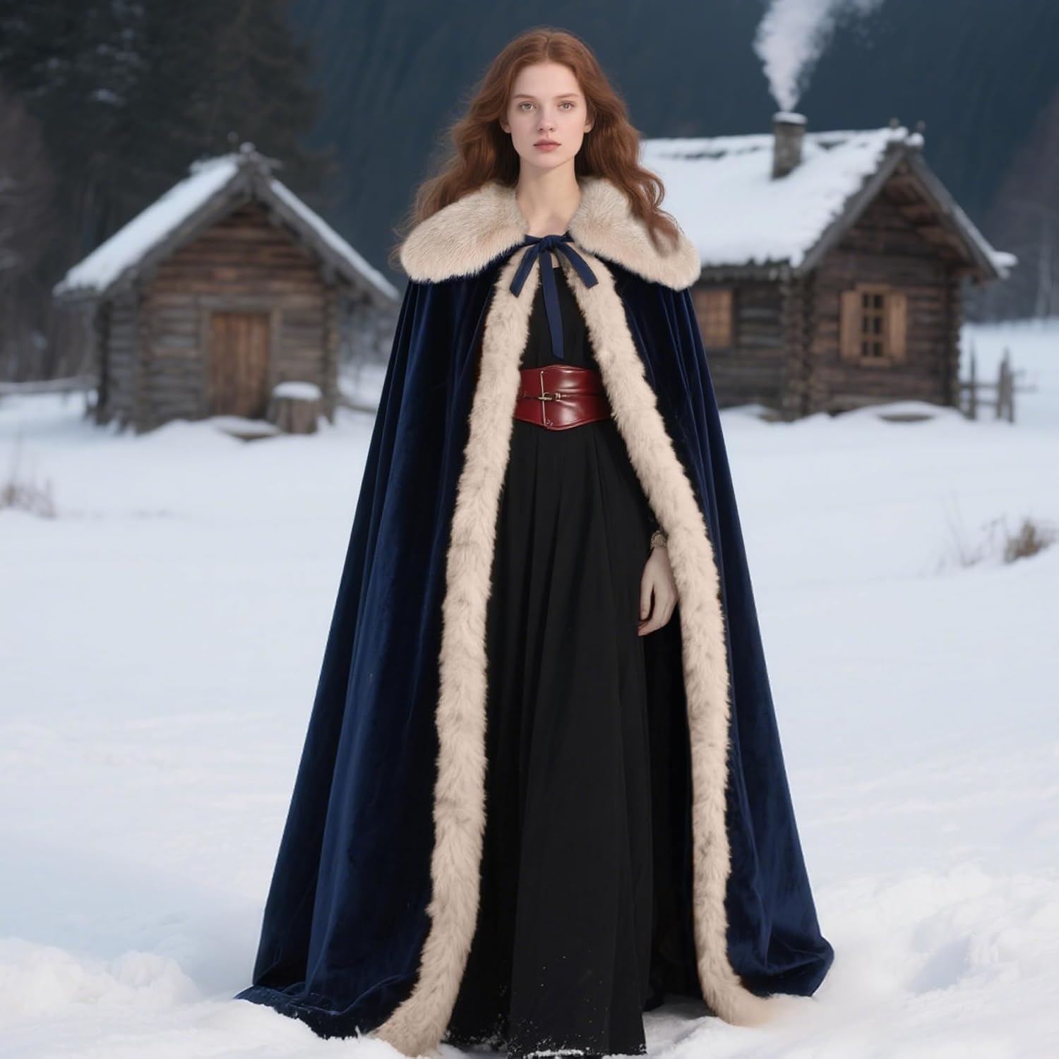 Joukavor Renaissance Velvet Cape with Viking Fur Collar for Women Halloween Costume - Image 5