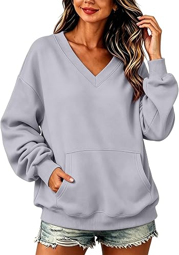 Vividcrate Super Soft Sweat Shirts for Womens Solid V-Neck Oversized Comfy Women