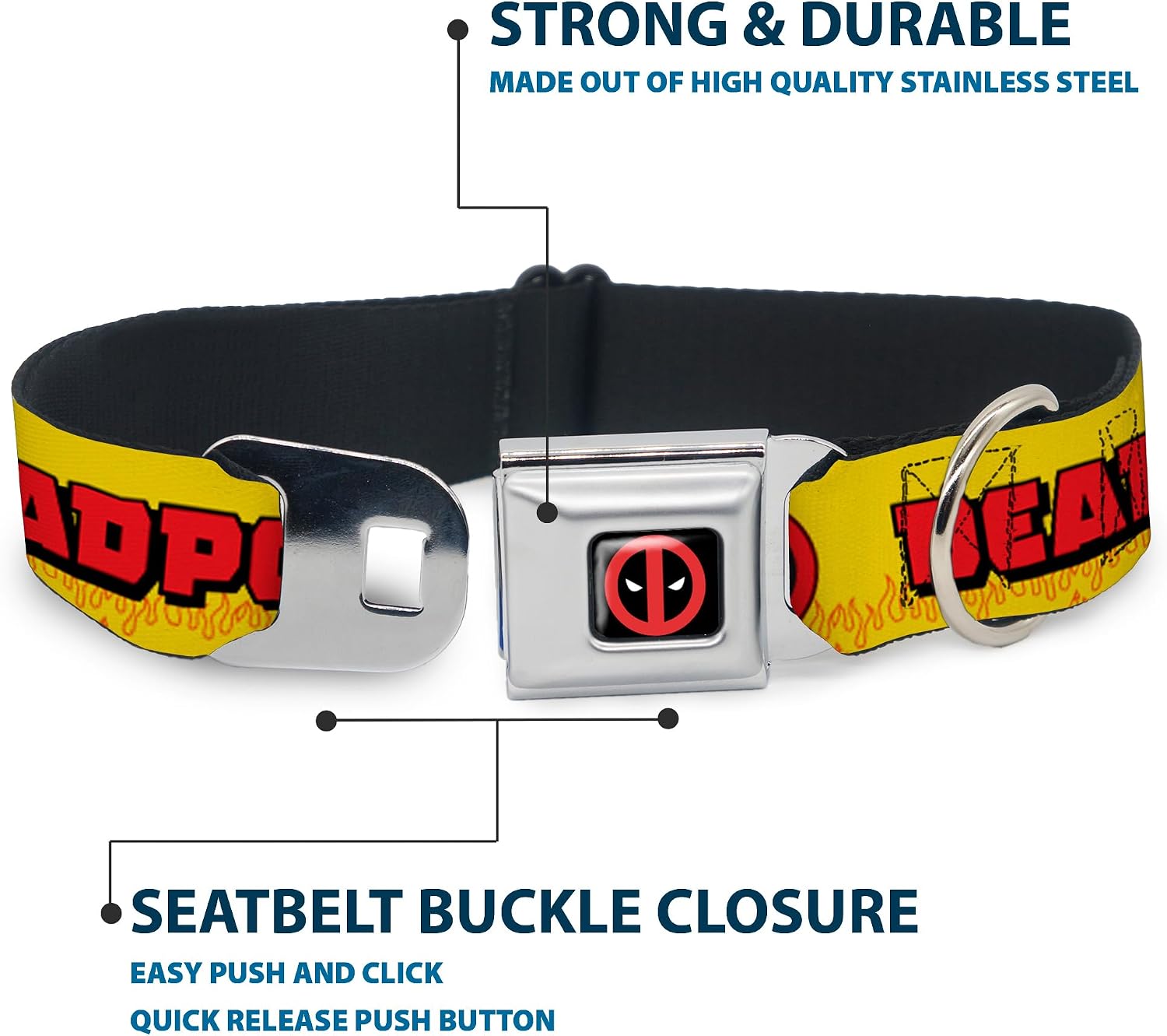 Dog Collar Seatbelt Buckle Deadpools Chimichangas Flames Yellow Black Red 11 to 17 Inches 1.0 Inch Wide