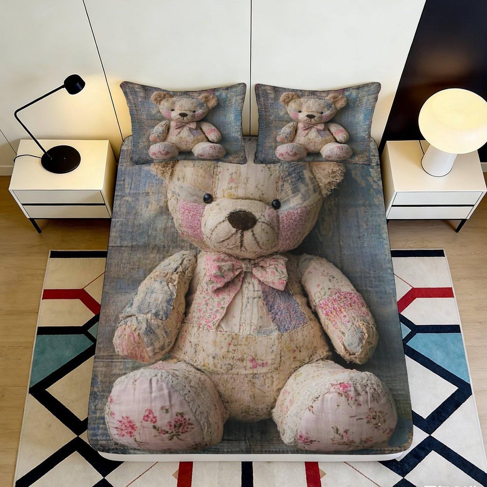 3D Printed Vintage Teddy Bear Fitted Sheet Microfiber Soft Durable Retro Plush Bed Cover for Bedroom Dormitory Guest Room Mattress Protection 200x200x25cm