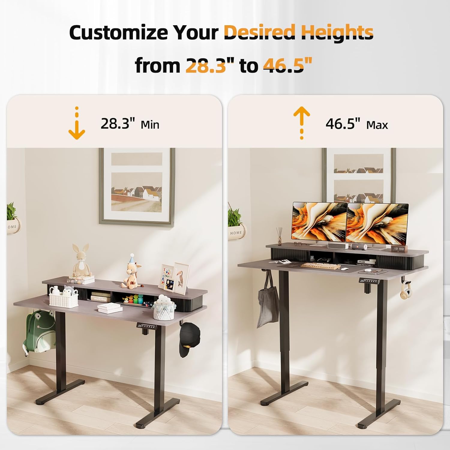 JOY worker Height Adjustable Electric Standing Desk with Storage Shelves, 48 Inch Table with Built-in Monitor Stand, Sit Stand Desk with 2 Hooks for Home Office, Grey Desktop & Black Frame
