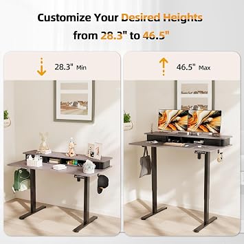 JOY worker Height Adjustable Electric Standing Desk with Storage Shelves, 48 Inch Table with Built-in Monitor Stand, Sit Stand Desk with 2 Hooks for Home Office, Grey Desktop & Black Frame
