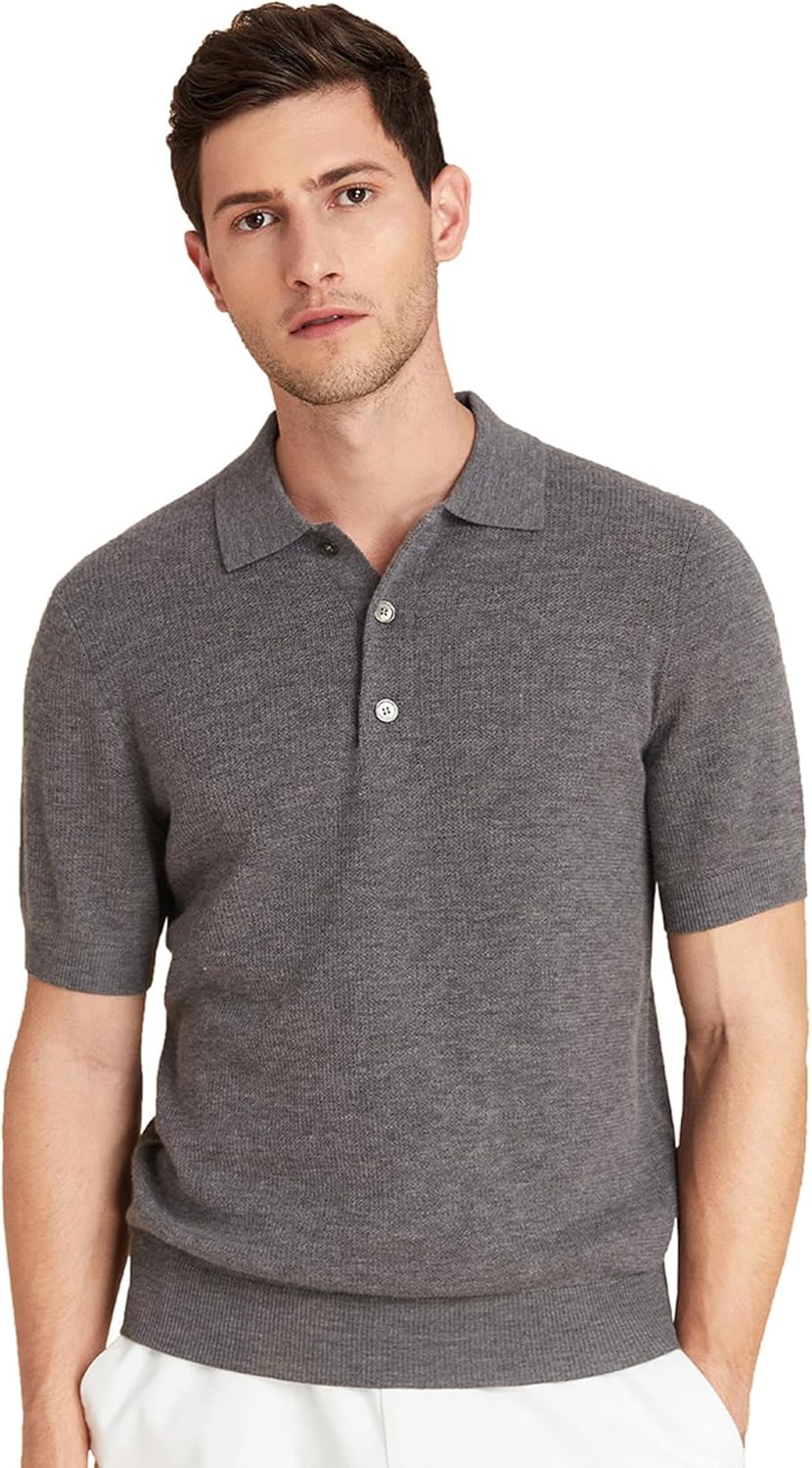 GreenMount Men's Cashmere Polo Shirt Jacquard Short Sleeve Soft Light Weight