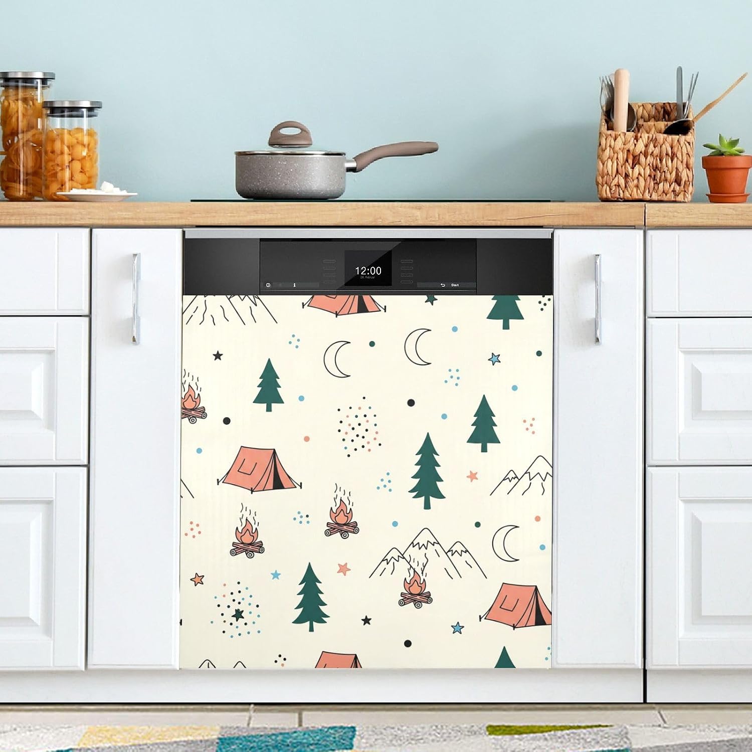 QUGRL Camping Tent Fire Pine Tree Dishwasher Magnet Cover Front Door Mountain Star Moon Refrigerator Covers Magnetic Sheet Sticker Wash Machine Fridge Panel Decal for Kitchen Appliance 23x26
