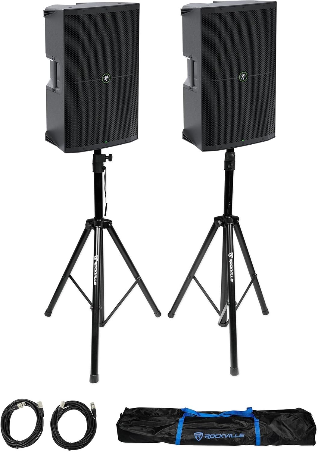 Audiosavings Bundle: (2) Mackie Thump215 15" 1400 Watt Powered Active DJ PA Speaker Thump 215 Bundle with (1) Pair of Rockville Adjustable Tripod Speaker/Light Stands+(2) 20 Foot XLR Cables (3 Items)