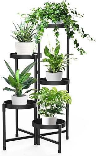 iDavosic.ly - Soporte de metal para plantas de 5 niveles para interiores y exteriores, estante de esquina plegable para múltiples plantas, soporte
