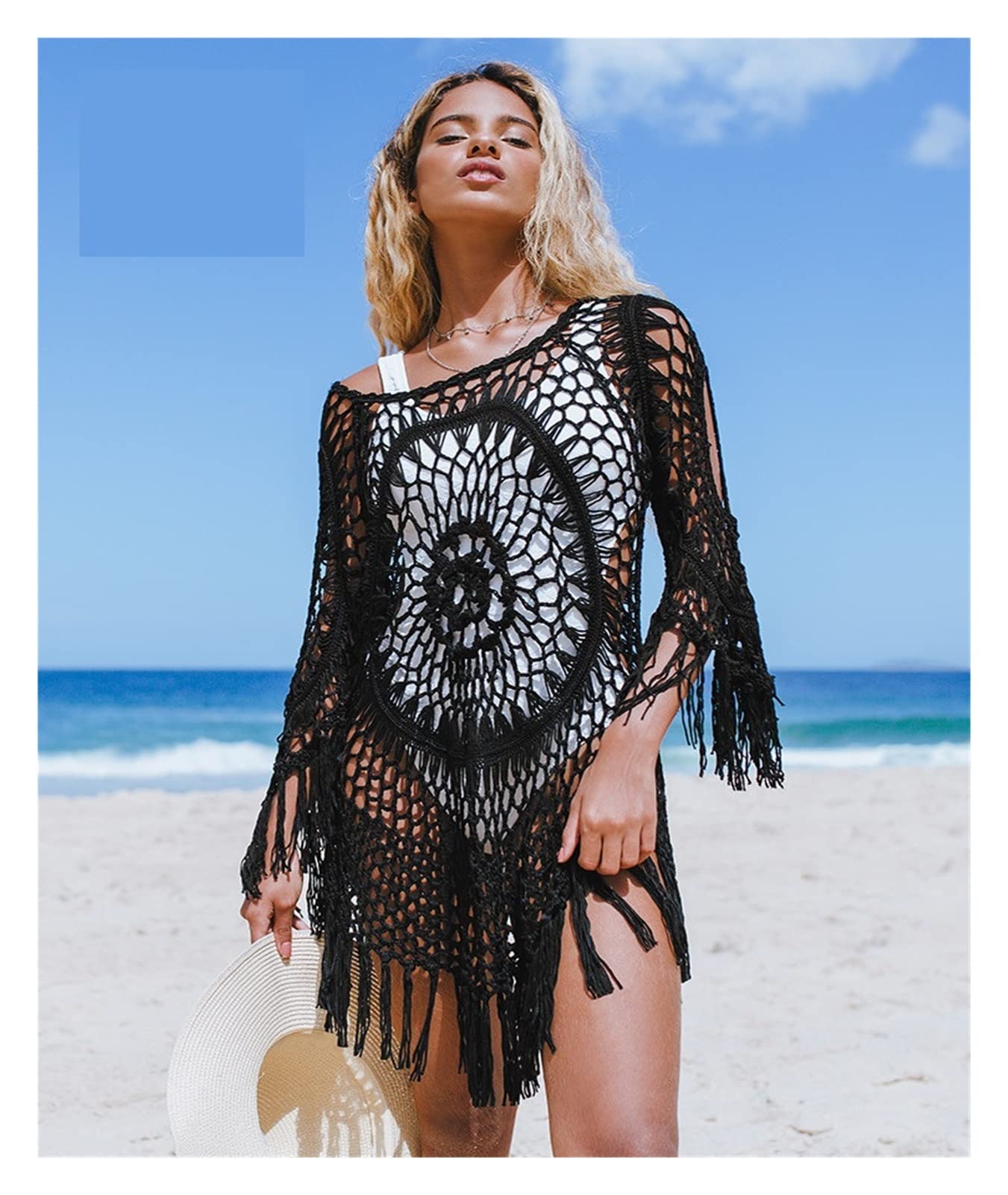 Paréo Bikini Blanc Couvrir avec Bordure à Franges Femmes Sexy Tunique Creuse Robe de Plage été Maillot Bain vêtements pour Piscine