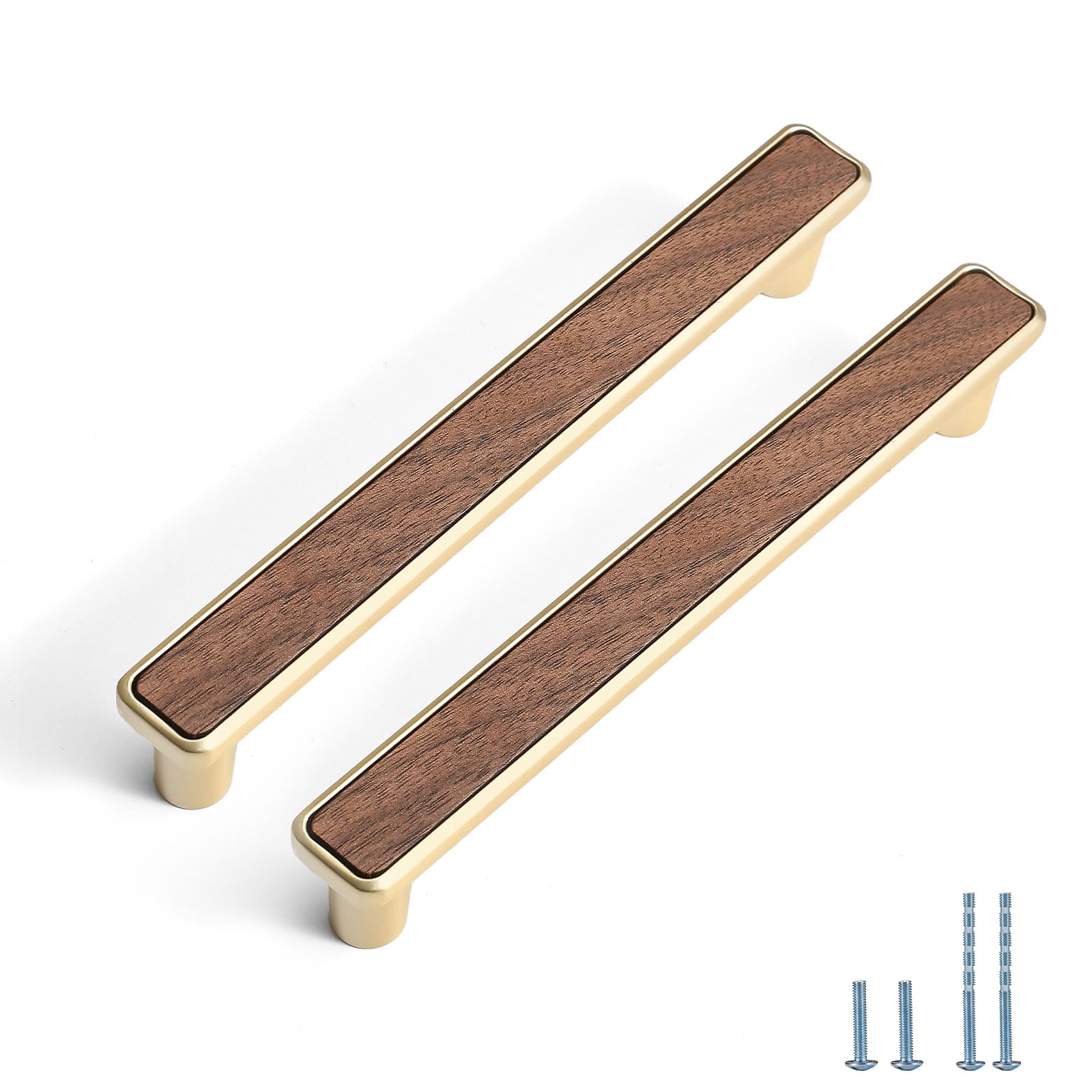 Evionlin 2 Pcs Walnut Wooden Drawer Handle Cabinet Pulls Drawer Handles Zinc Alloy Base Furniture Hardware -Hole Distance 128mm Brushed Brass