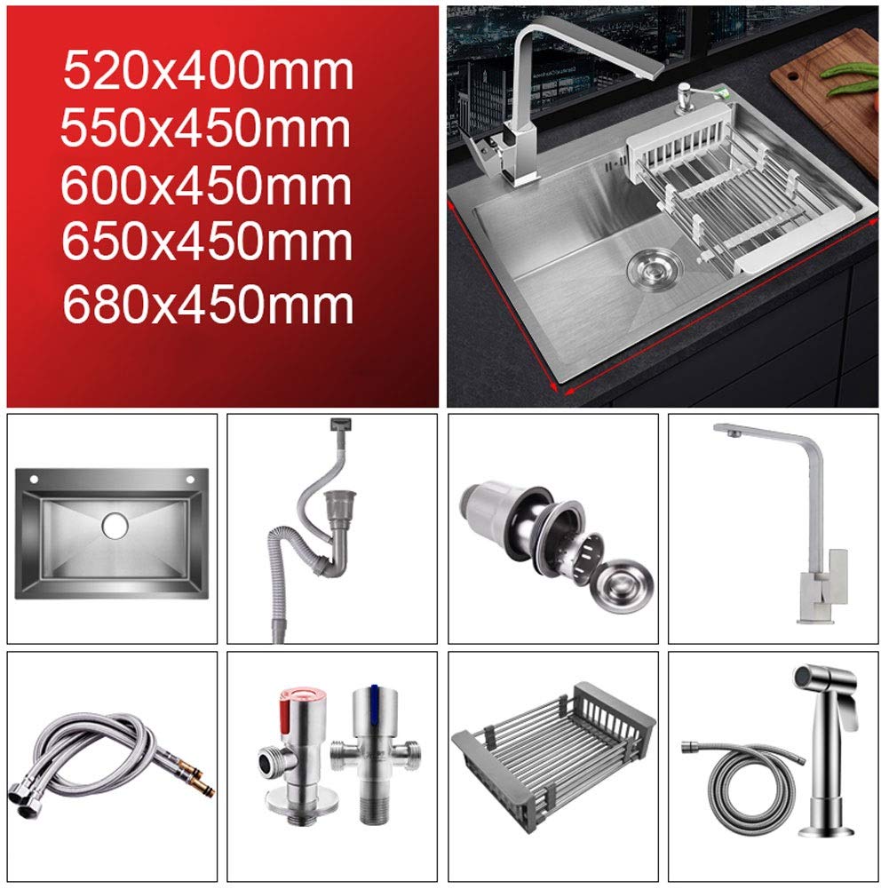 Juego de Fregadero de Acero Inoxidable, Fregadero Individual para Cocina con Kit Completo de fontanería, desagüe y escurridor para instalación empotrada (Tamaño: 68x45cm)