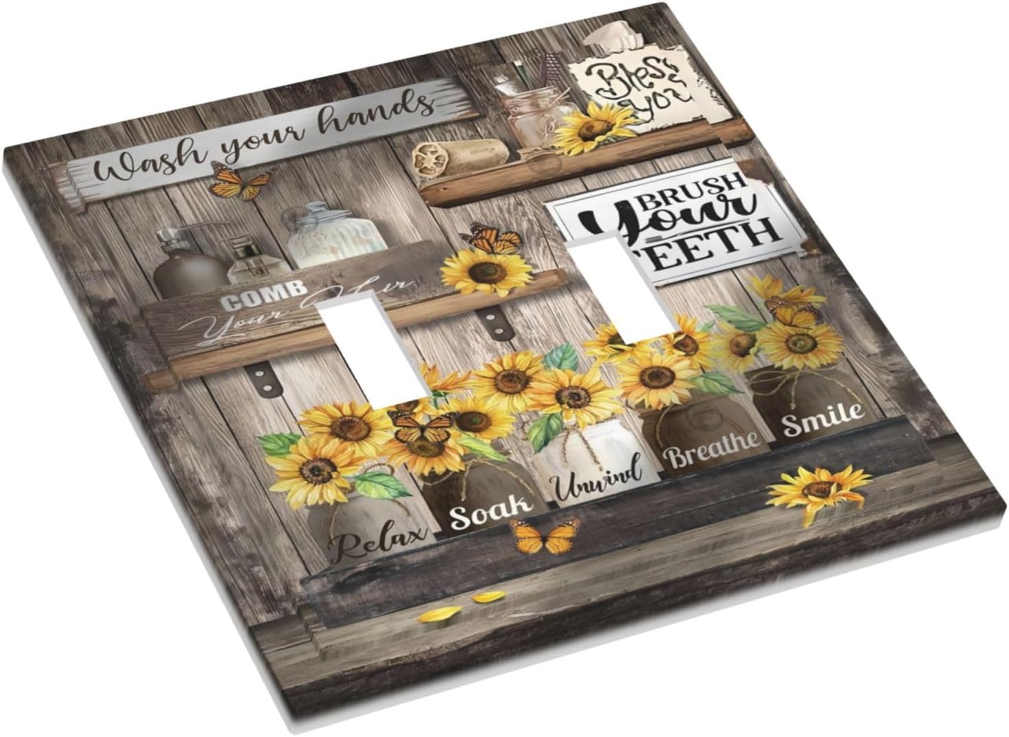 Rustic Farmhouse Sunflower 2 Gang Double Toggle Light Switch Cover Electric Bathroom Country Wall Plate Decorative Faceplate Electrical Lightswitch for Bedroom Kitchen