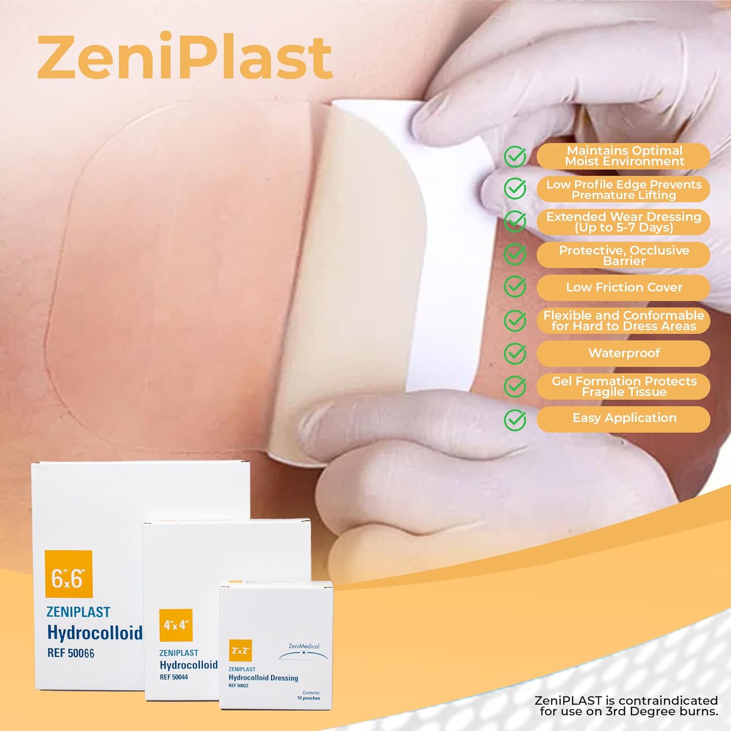 ZeniPlast (6" x 6") Hydrocolloid Dressing, Sterile Adhesive Patches, Waterproof Wound Dressing, Extended Wear, 10/Box